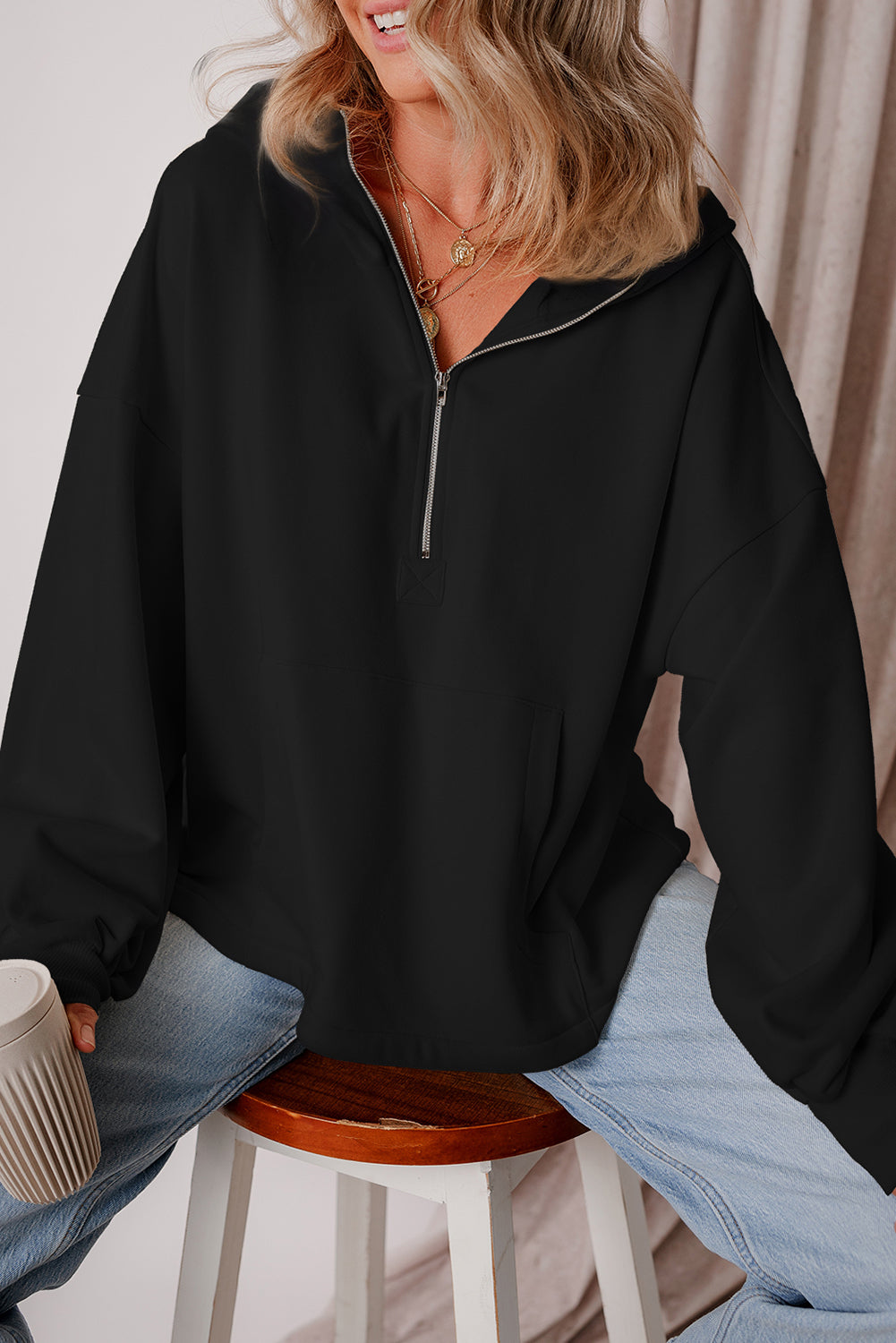 Orange Half Zipper Kangaroo Pockets Drop Shoulder Hoodie
