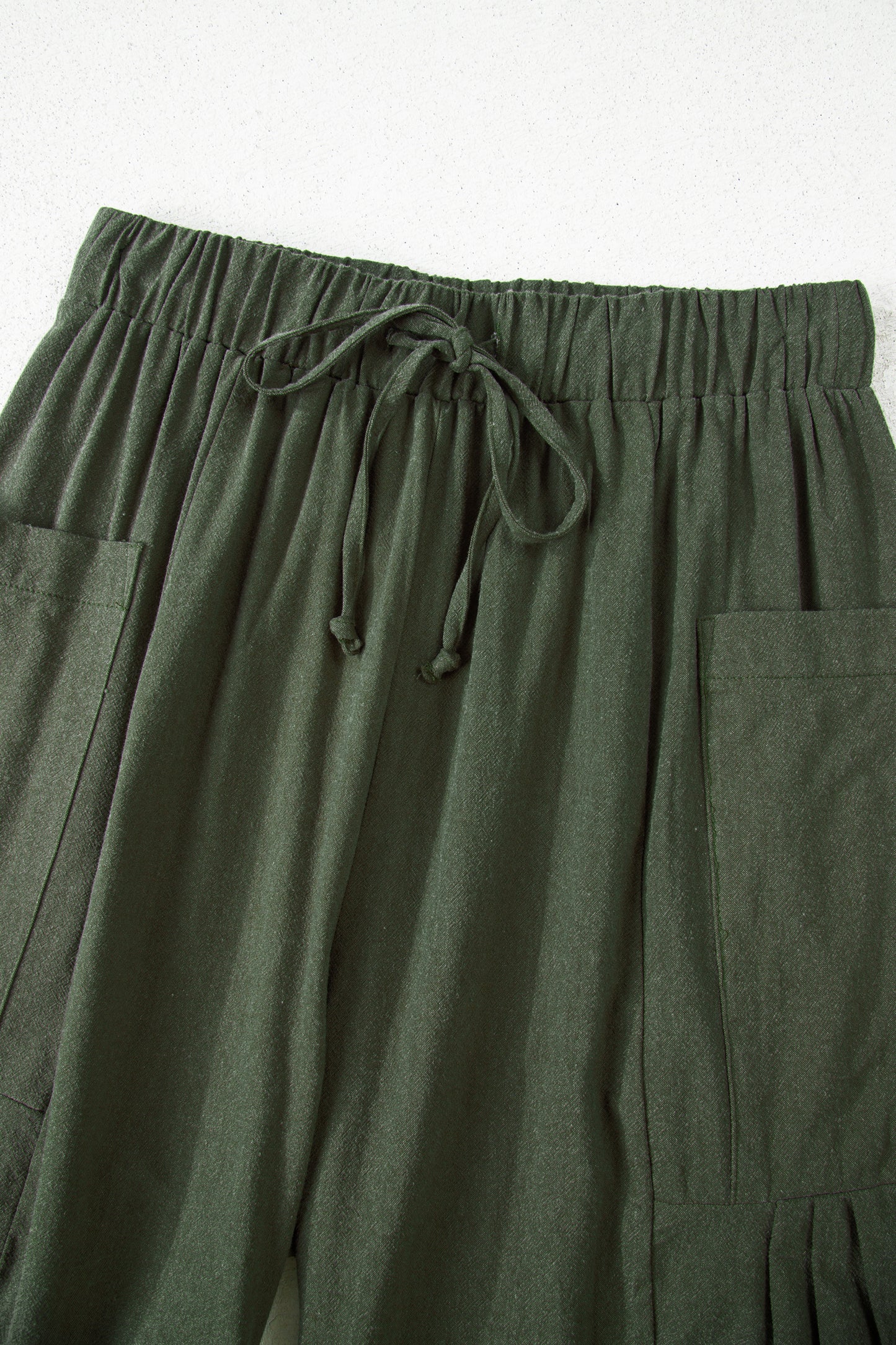 Jungle Green Drawstring Elastic Waist Patch Pocket Barrel Leg Casual Pants