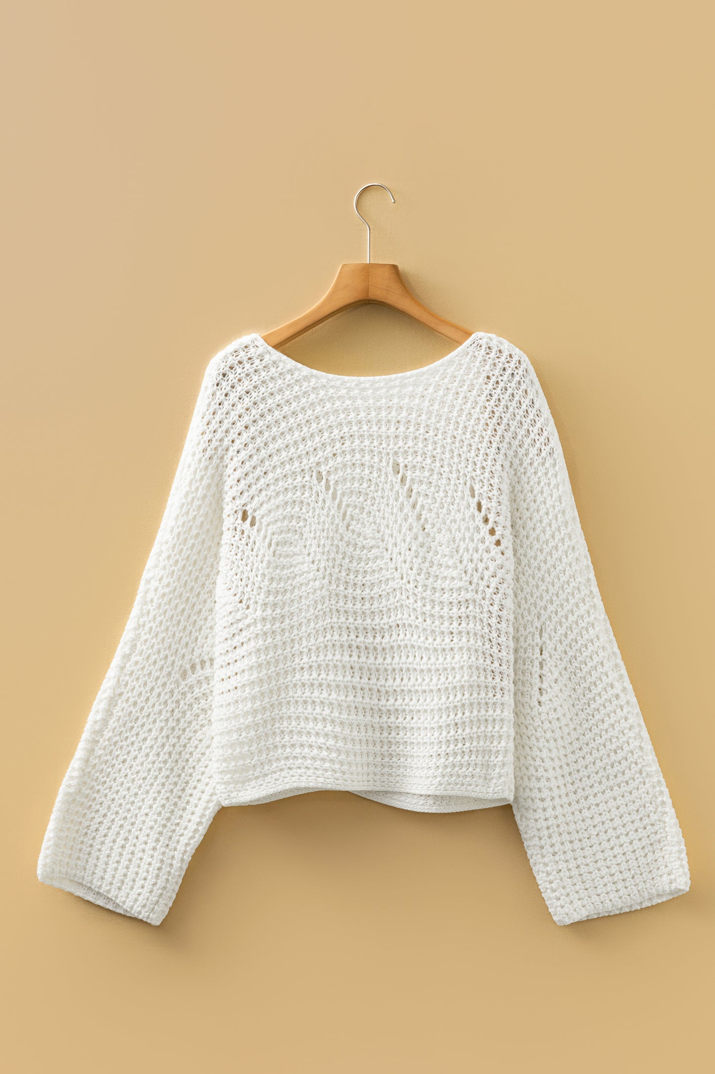 White Hollowed Detail Wide Sleeve Loose Pullover Sweater