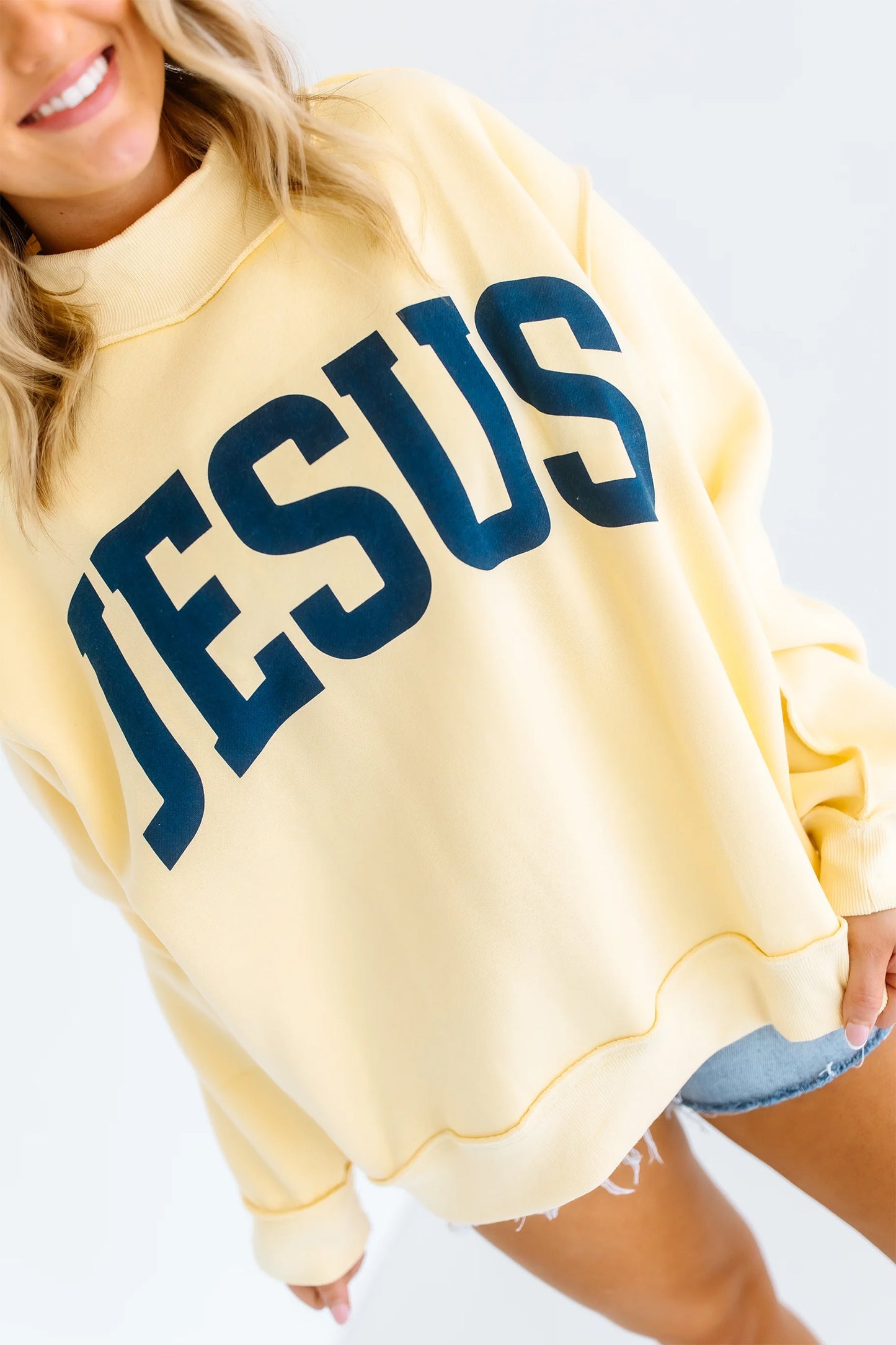 Yellow Jesus Slogan Stand Neck Long Sleeve Oversized Tunic Plus Size Sweatshirt