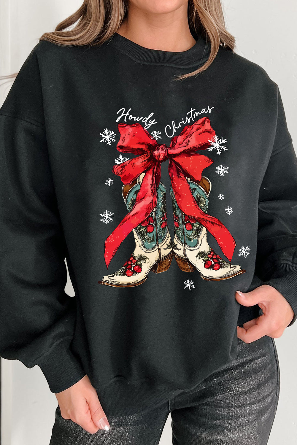 Black Howdy Christmas Ribbon Bow Knot Western Boots Graphic Sweatshirt