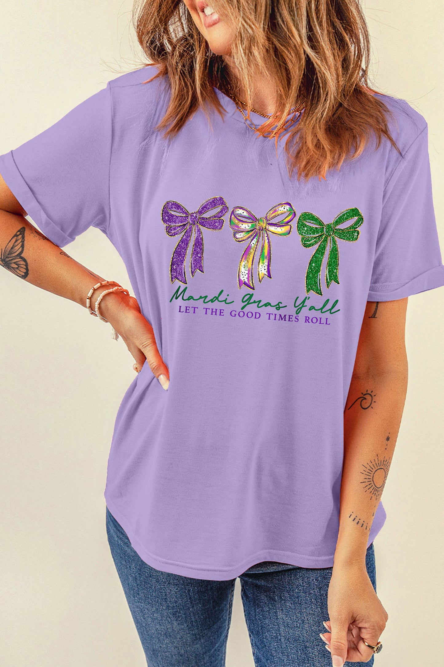 Wisteria Mardi Gras Ribbon Bow Slogan Printed Casual T Shirt