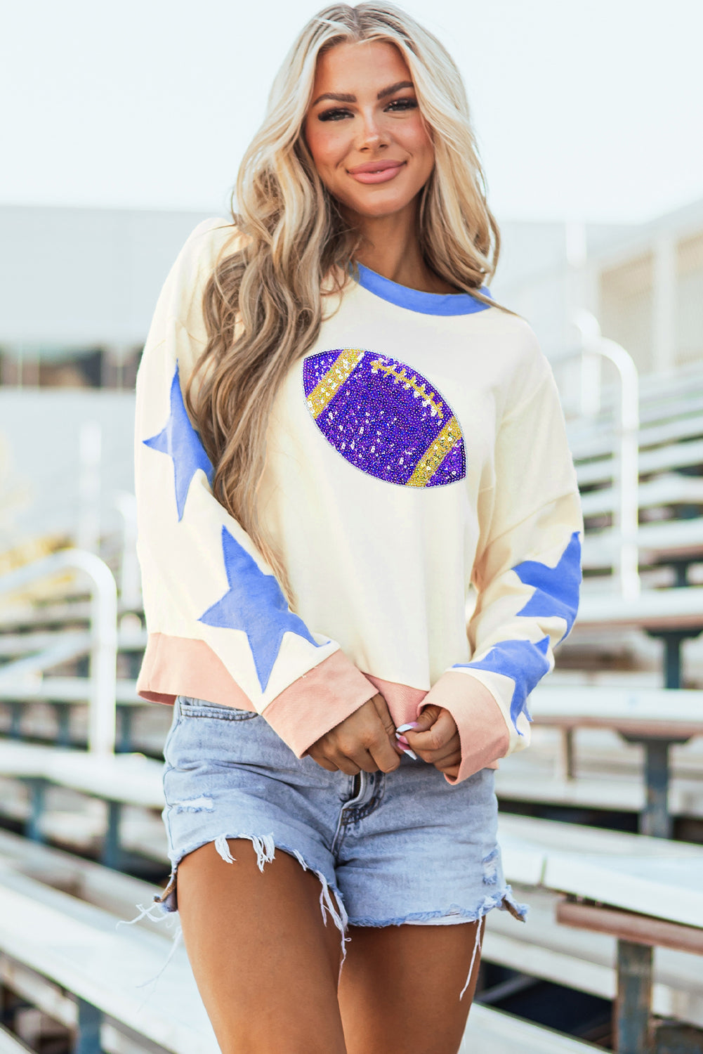 Beige Sequin Rugby Graphic Starry Patched Contrast Trim Game Day Sweatshirt