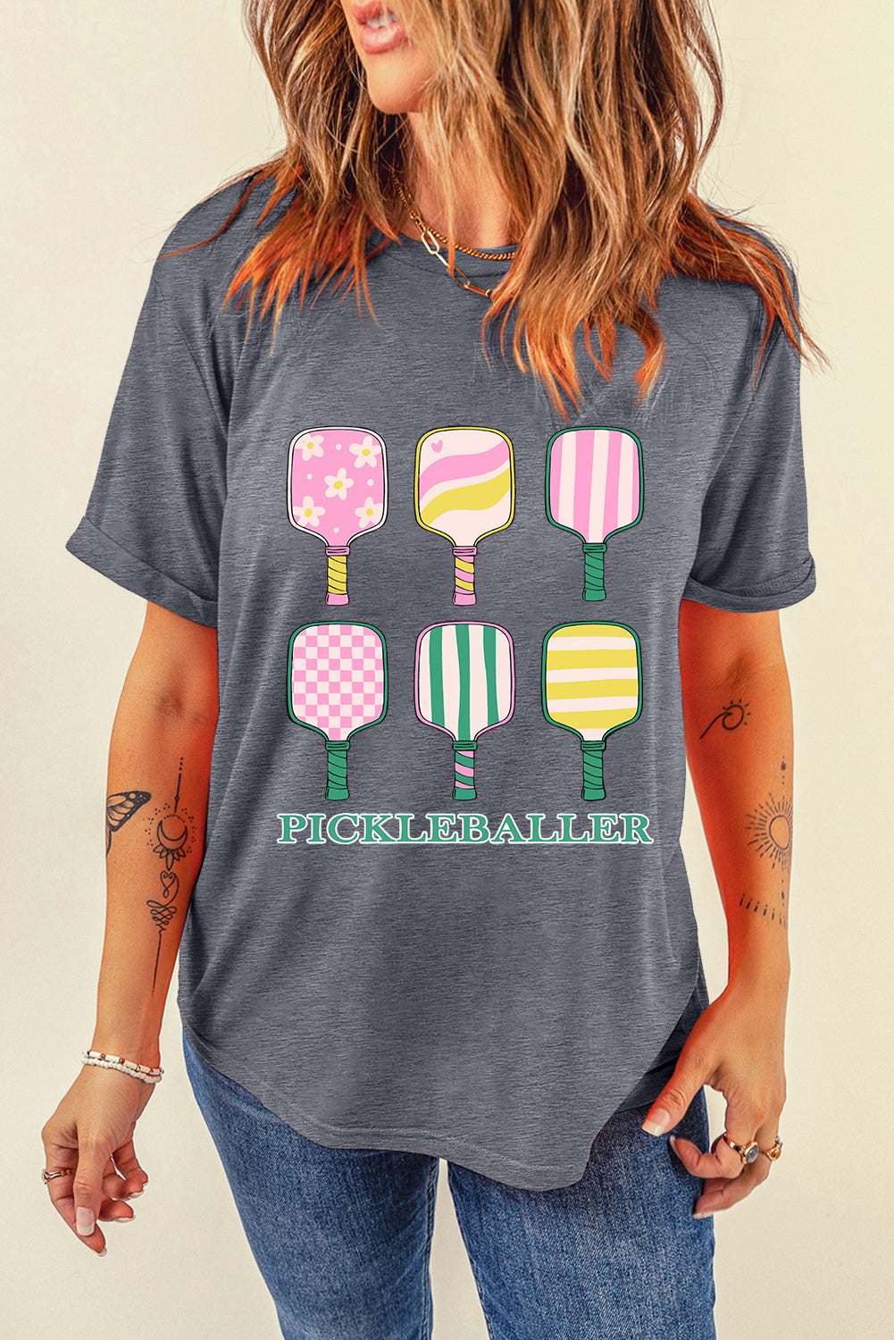 Gray PICKLEBALLER Heat Transfer Printing Printed Casual T Shirt