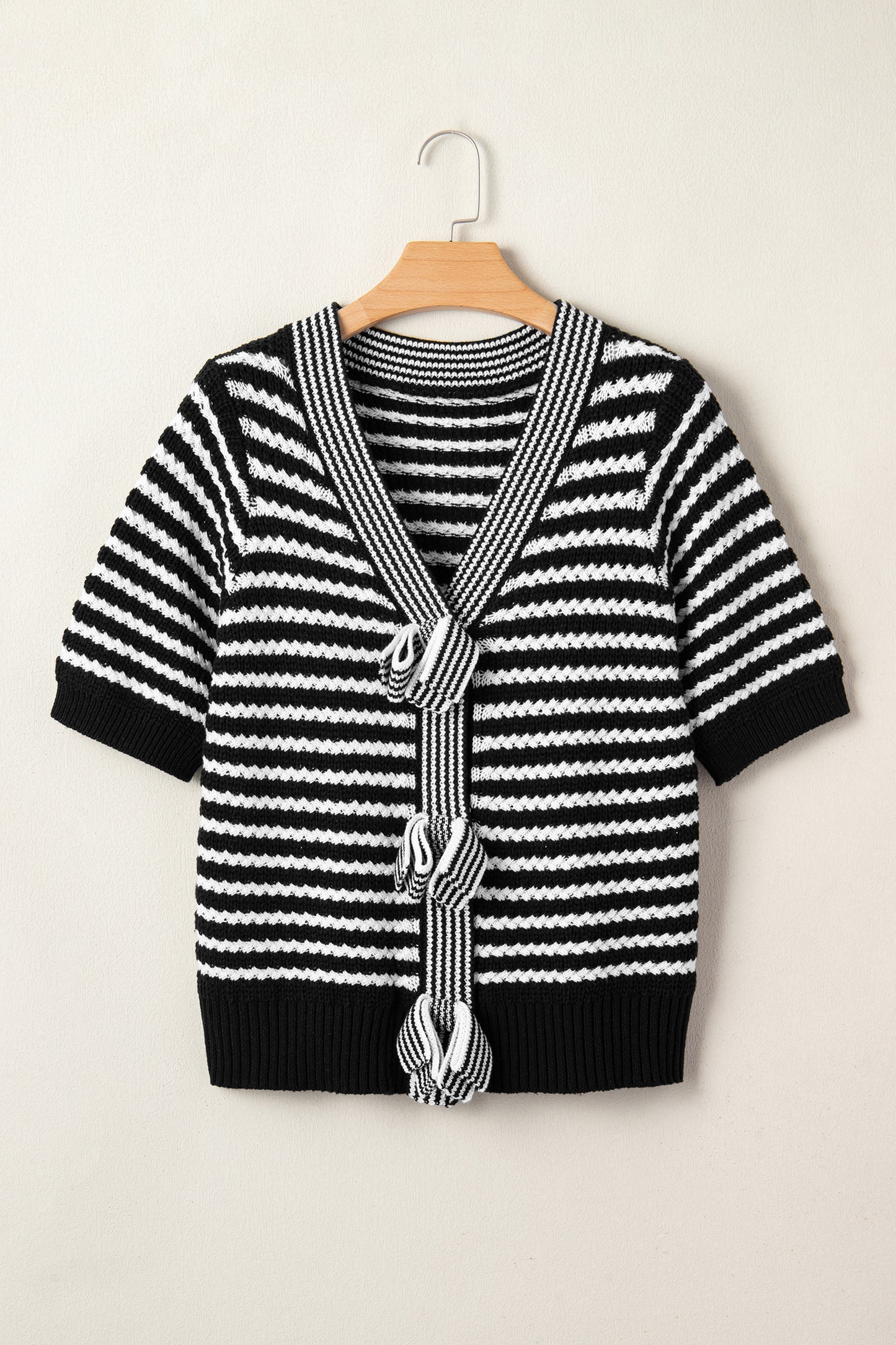Green Stripe Short Sleeve Knit V Neck Bow Knot Sweater