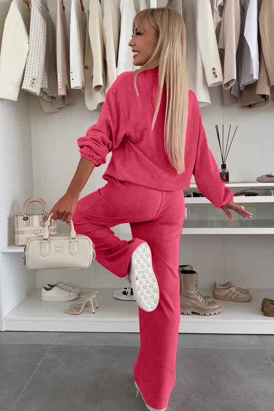 Peach Blossom Half Button Pullover Drawstring Pants Corduroy Set