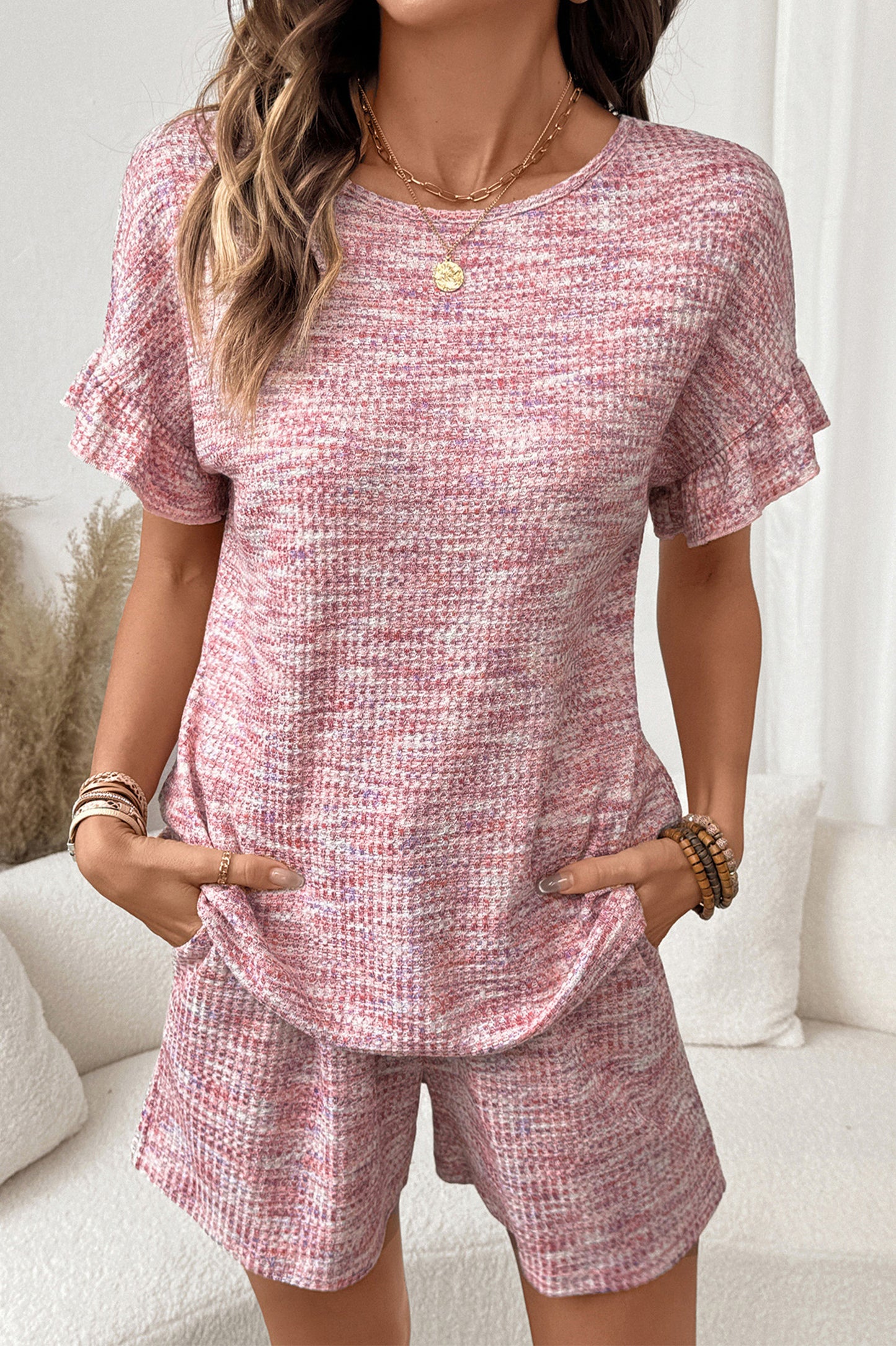 Light Pink Heather Textured Ruffle Sleeve Top and Drawstring Shorts Set