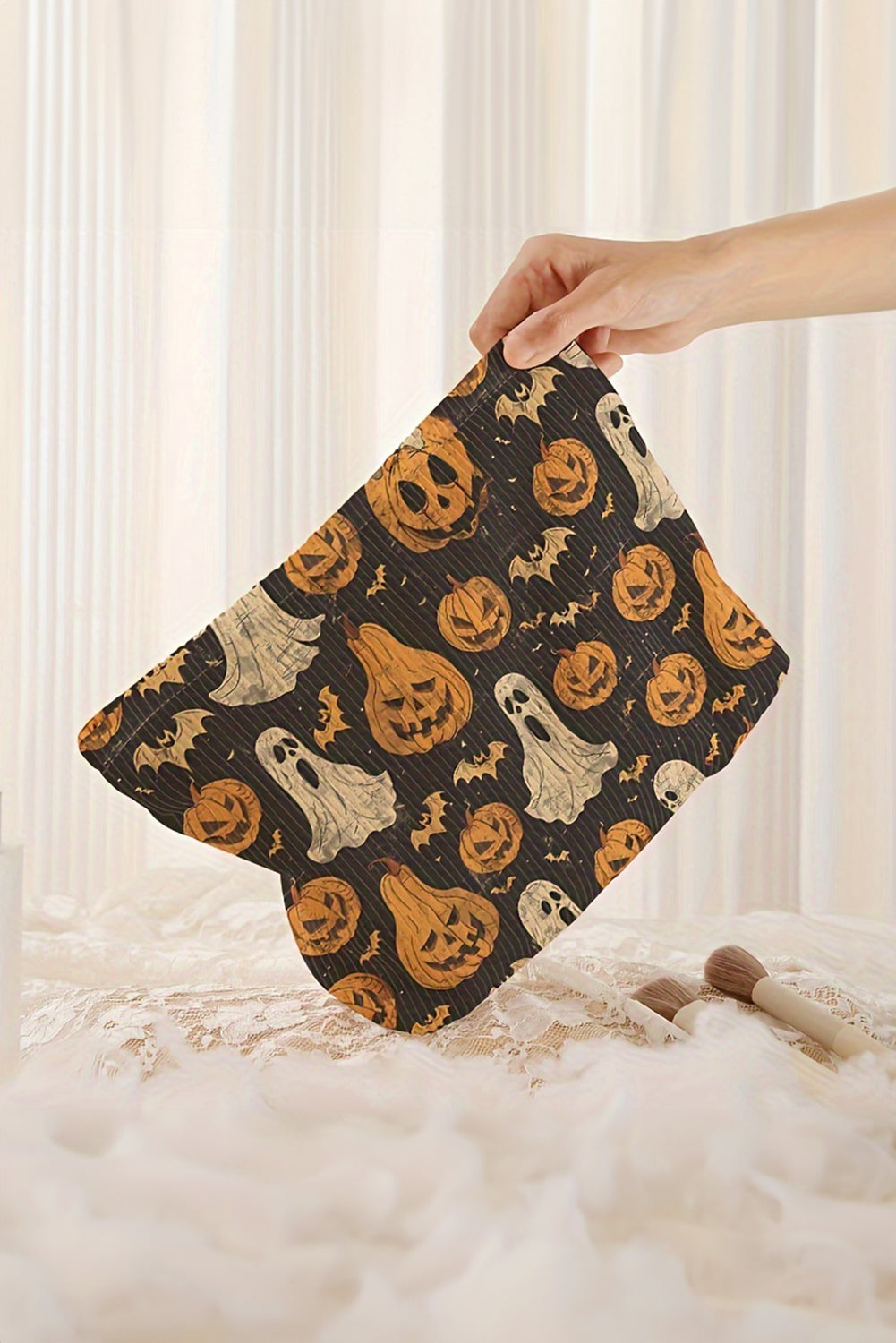 Black Halloween Print Corduroy Makeup Bag