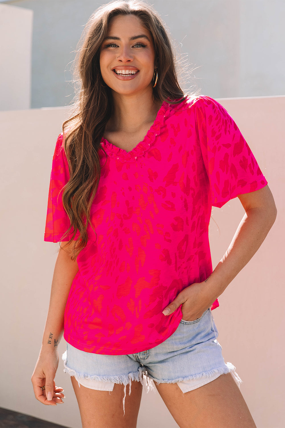 Rose Leopard Frilly V Neck Short Sleeve Blouse