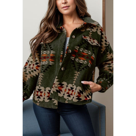 Pocketed Geometric Collared Neck Jacket