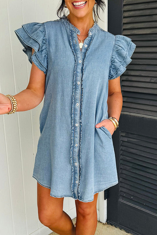Myosotis Frilled Detail Button Down Ruffle Short Sleeve Denim Mini Dress