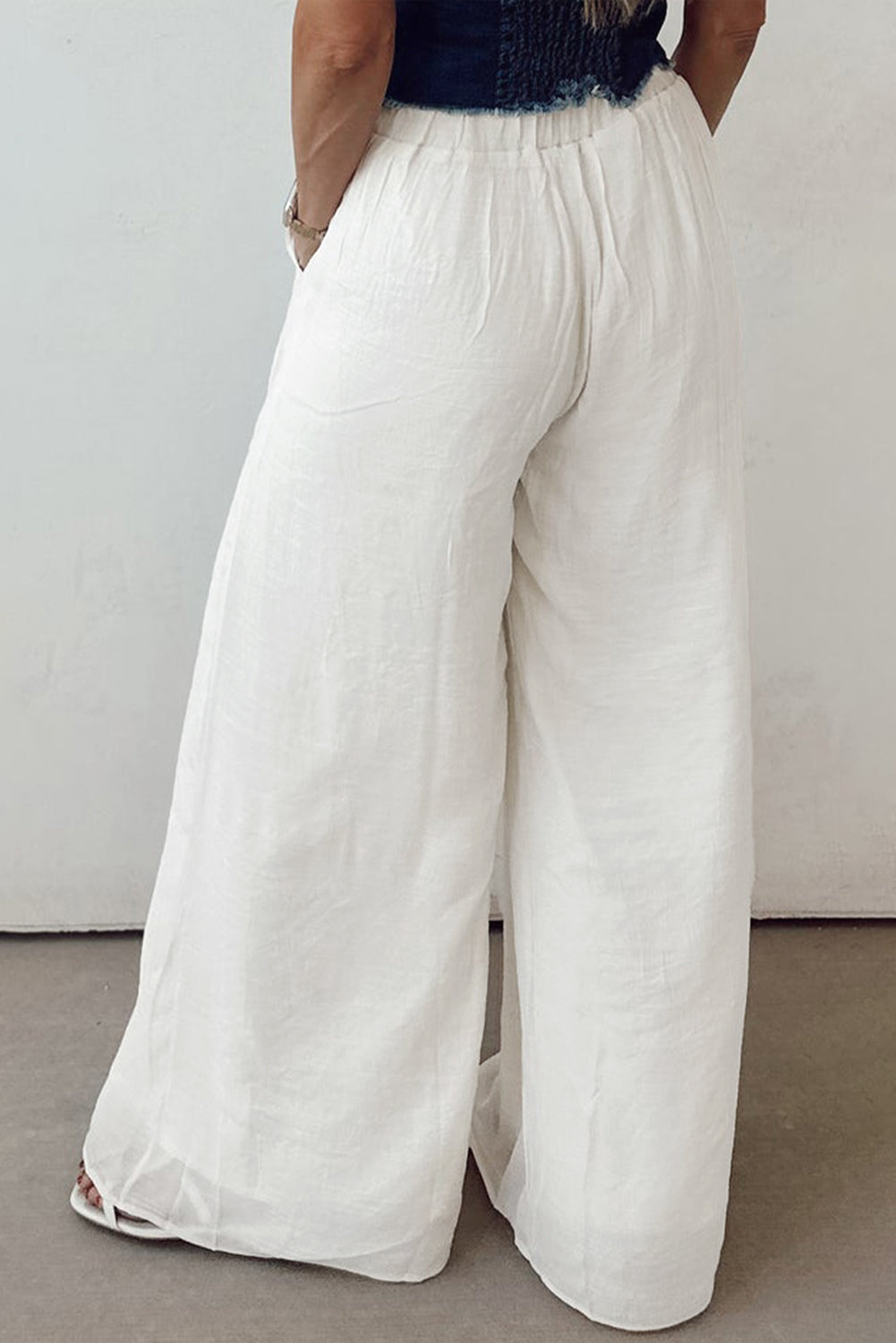 White Solid Pleated Loose Wide Leg Pants