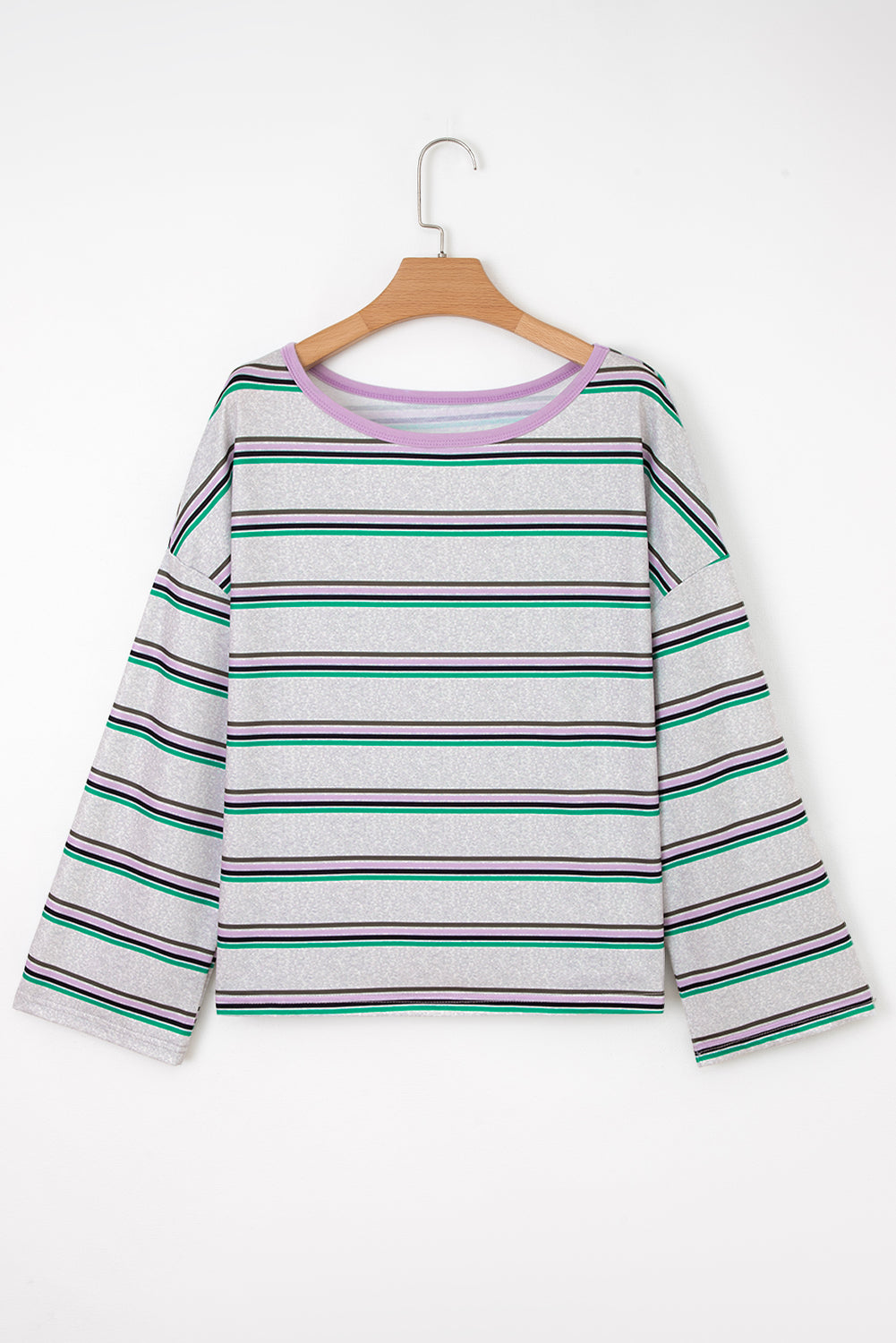 Purple Stripe Oversize Drop Shoulder Long Sleeve Casual Top