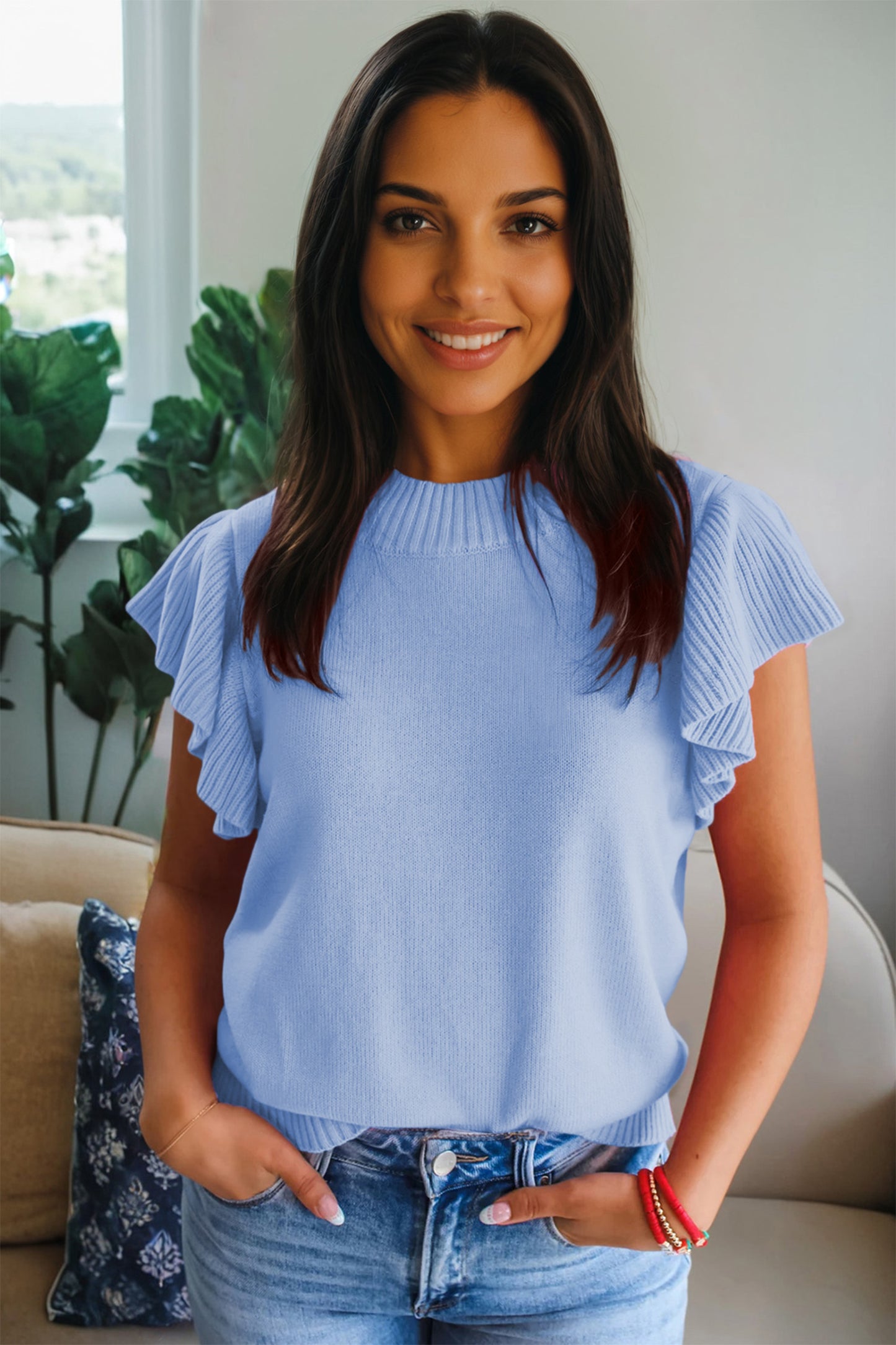 Sachet Pink Solid Color Ribbed Trim Round Neck Ruffle Short Sleeve Sweater