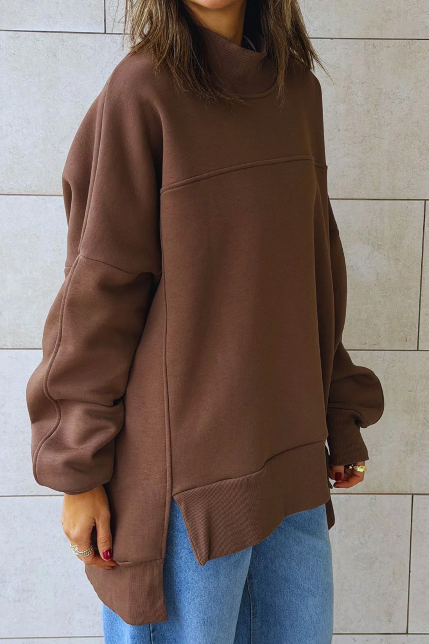 Coffee Solid Color Oversized Mock Neck Split Hem Tunic Sweatshirt