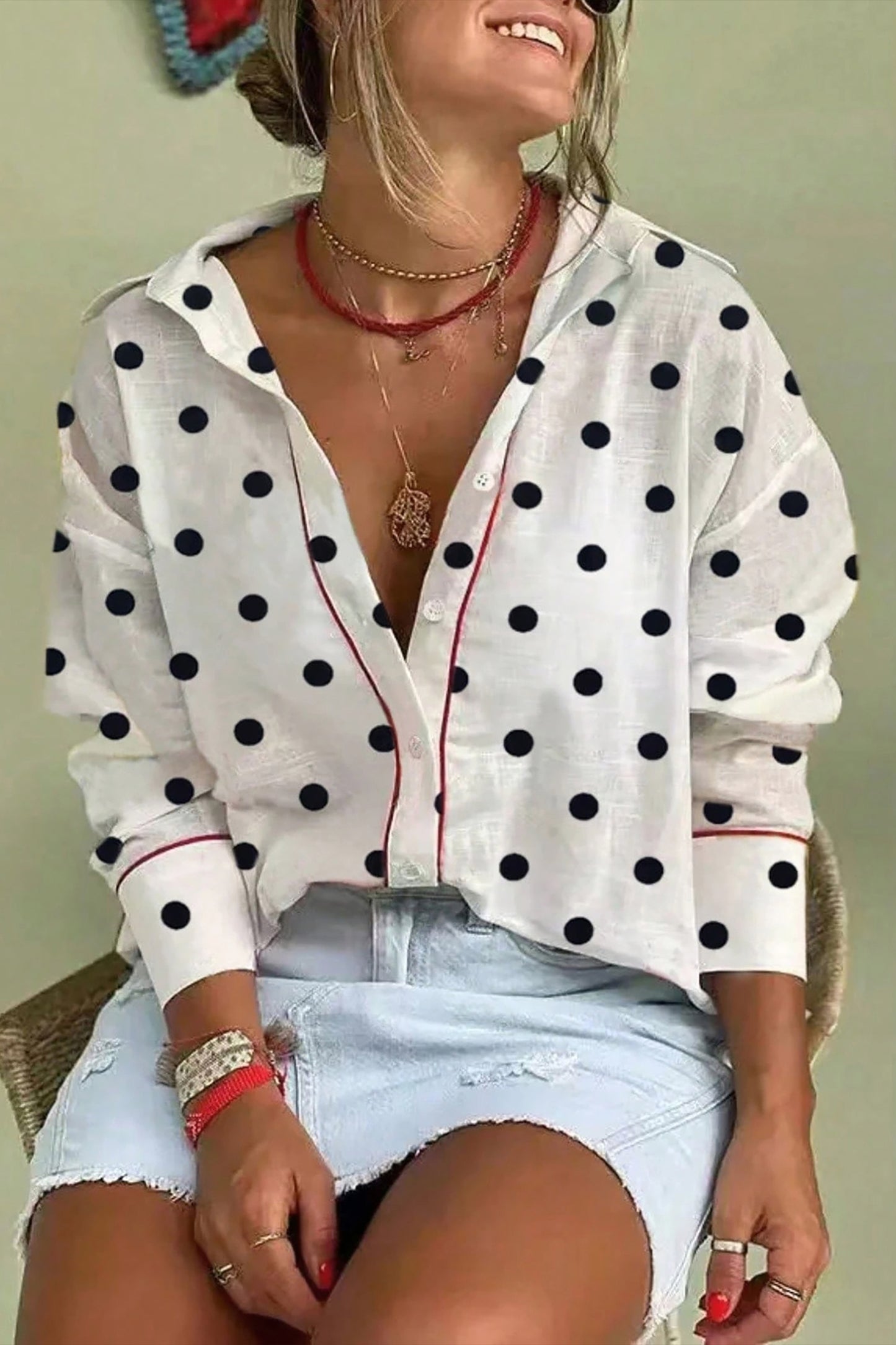 White Polka Dot Print Contrast Piping Elegant Shirt