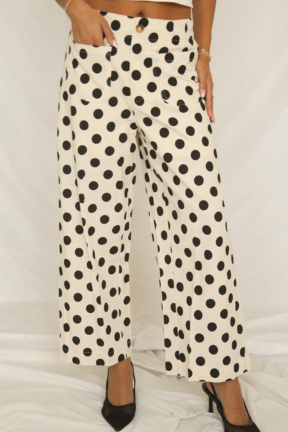 White Polka Dot Print Patched Pocket Loose Pants