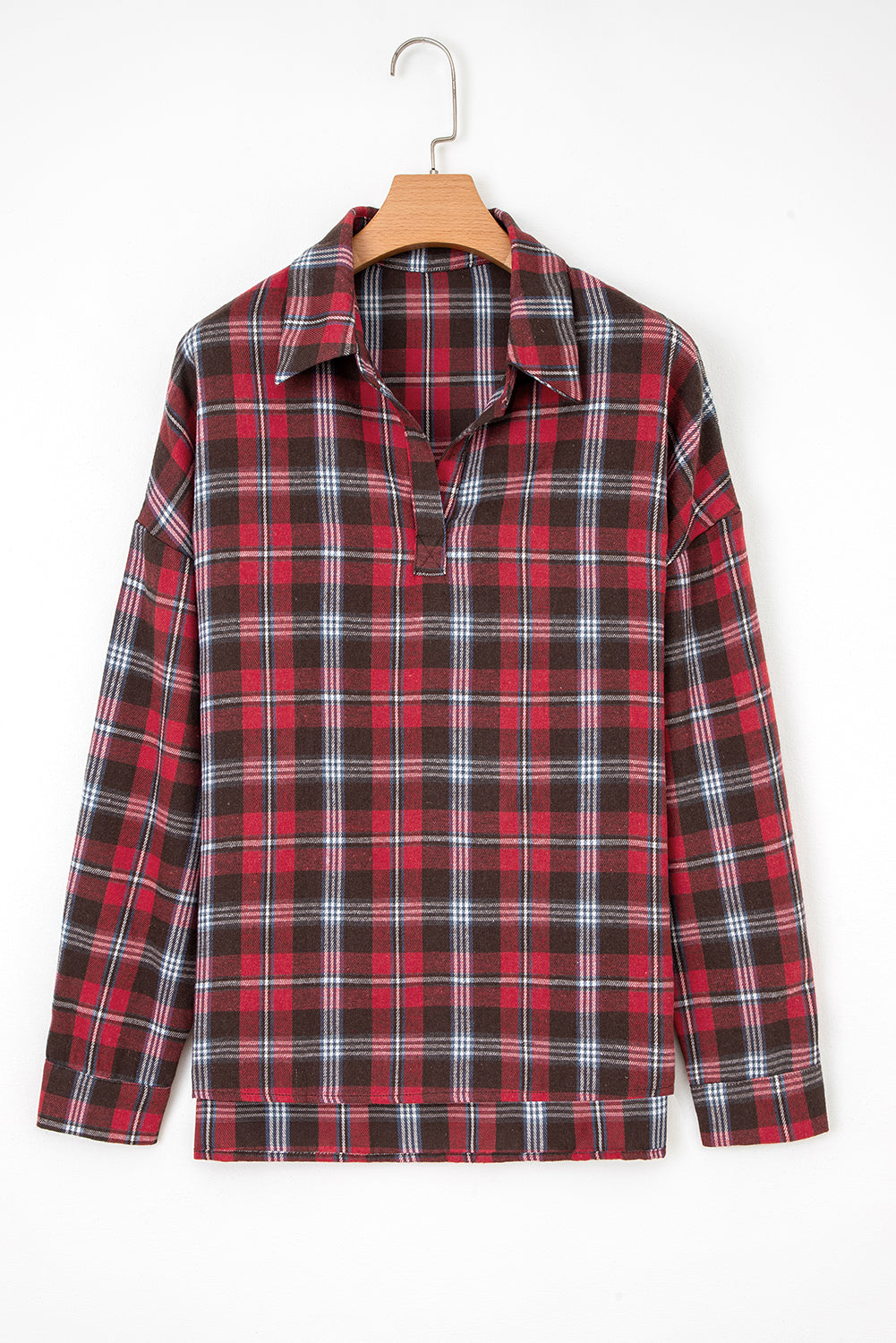 Red Plaid Print Collared V Neck Loose Blouse with Side Slits