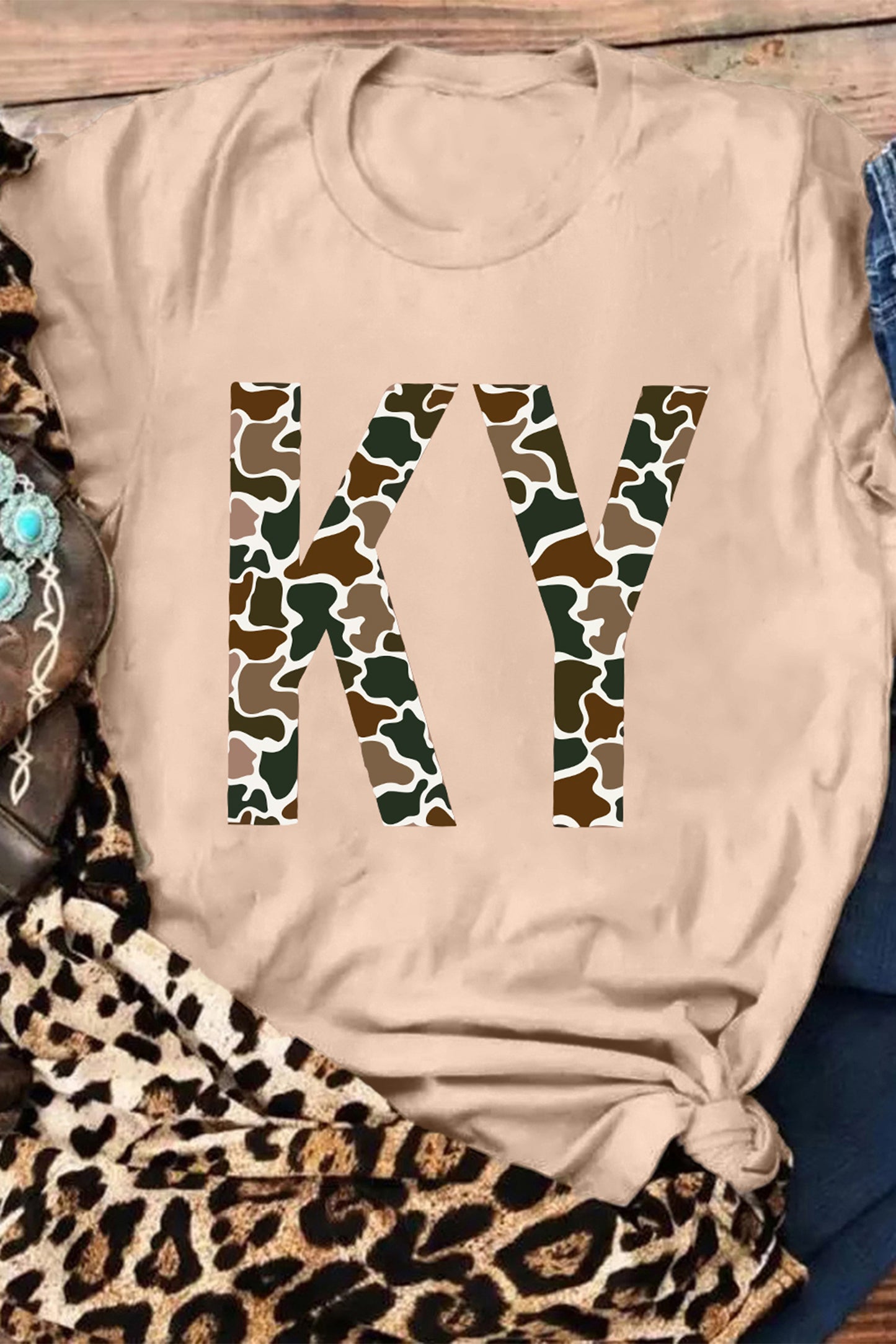 Khaki Camouflage KY Printed Casual Tee