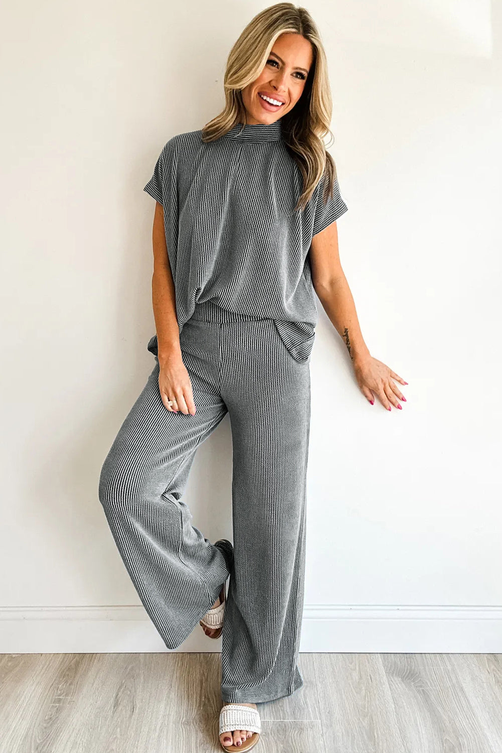 Dark Grey Twisted Ribbed High Neck Loose Tee Elastic High Waist Loose Pant Set