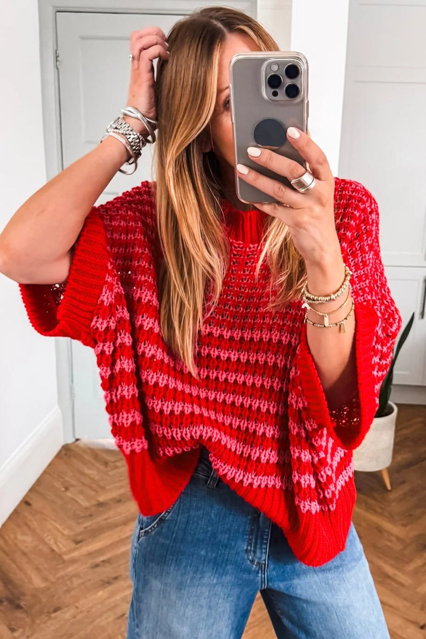 Red Stripe 3/4 Draped Sleeve Slouchy Sweater