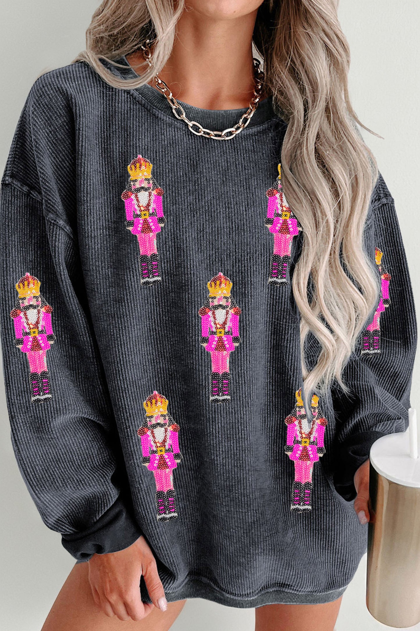 Gray Nutcracker Men Sequin Patterned Corded Sweatshirt