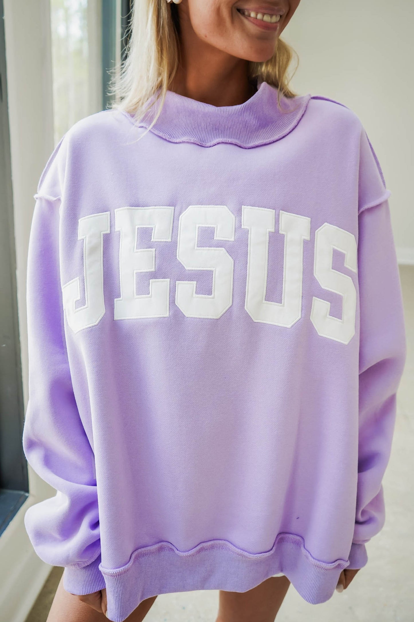 Orchid Bouquet JESUS Letter Print Exposed Seam Mock Neck Baggy Sweatshirt