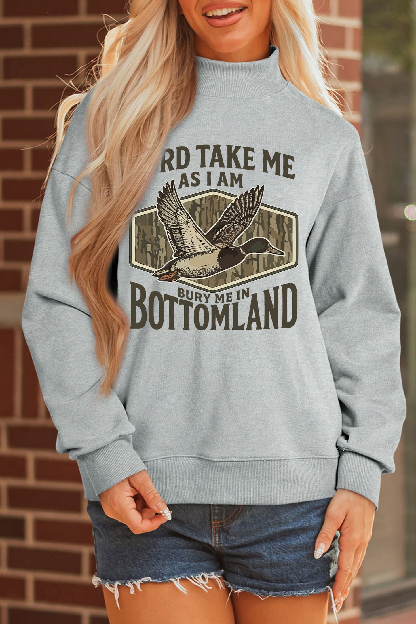 Gray Exposed Seam Mock Neck Western Print Duck Sweatshirt
