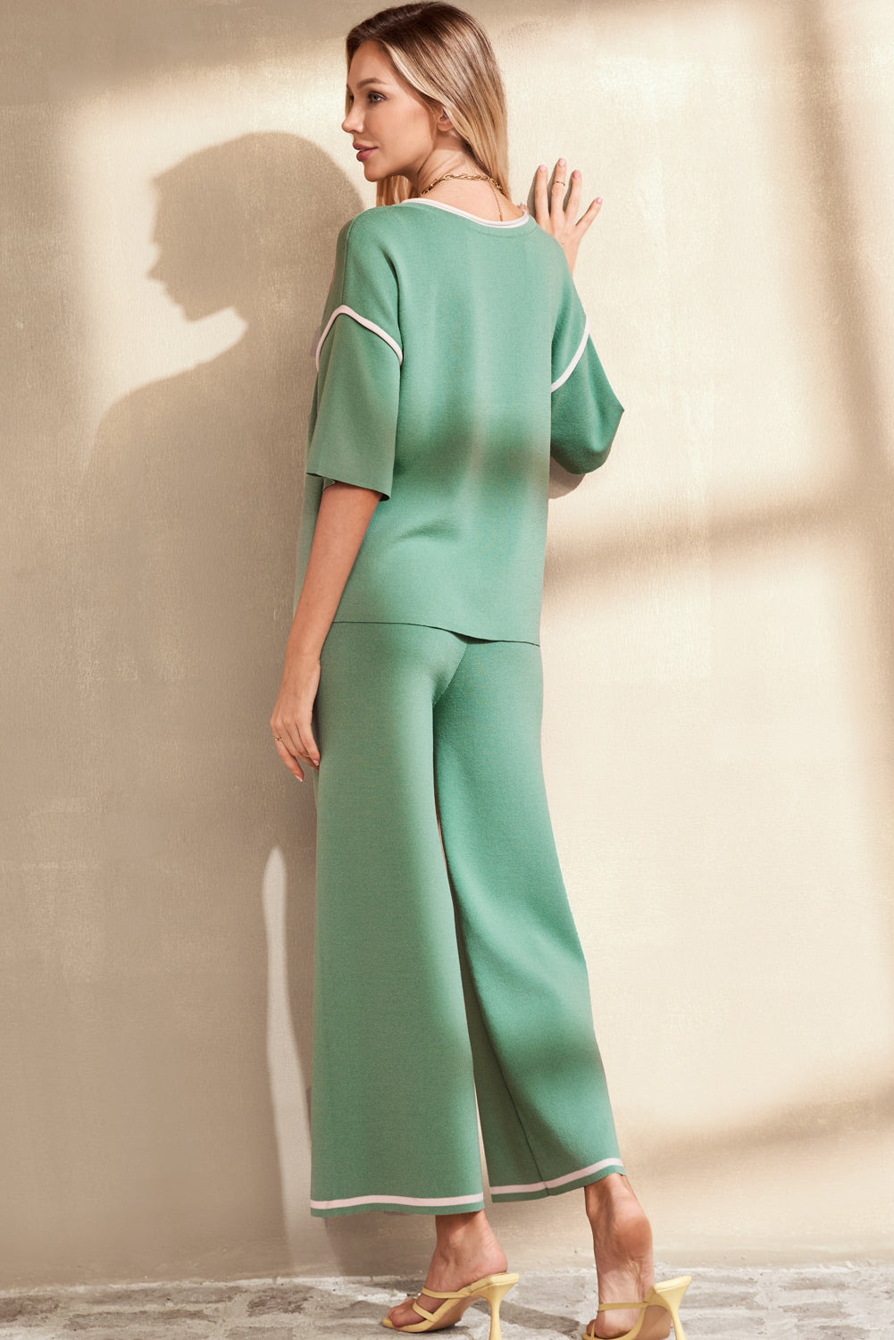 Medium Grey Contrast Trim Half Sleeve Top Drawstring Pants Loose 2pcs Sweater Suit