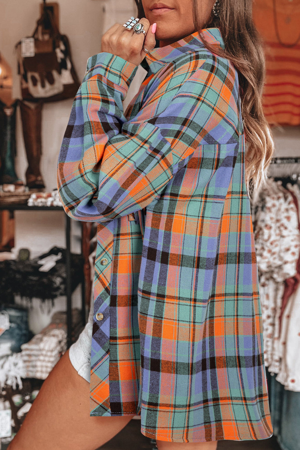 Red Plaid Print Drop Sleeve Loose Shirt