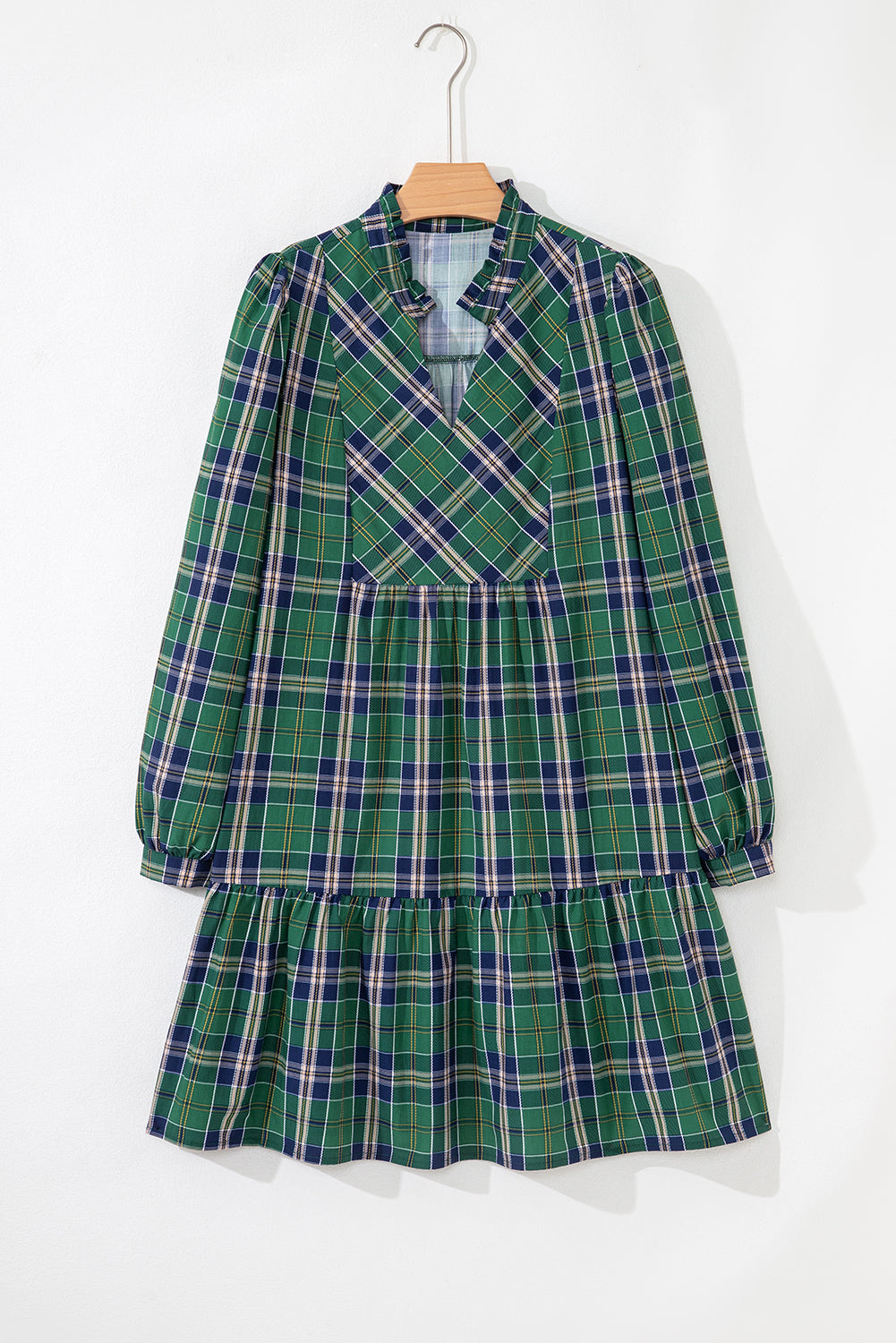 Green Plaid Print Frilly Collar Long Sleeve Shift Mini Dress
