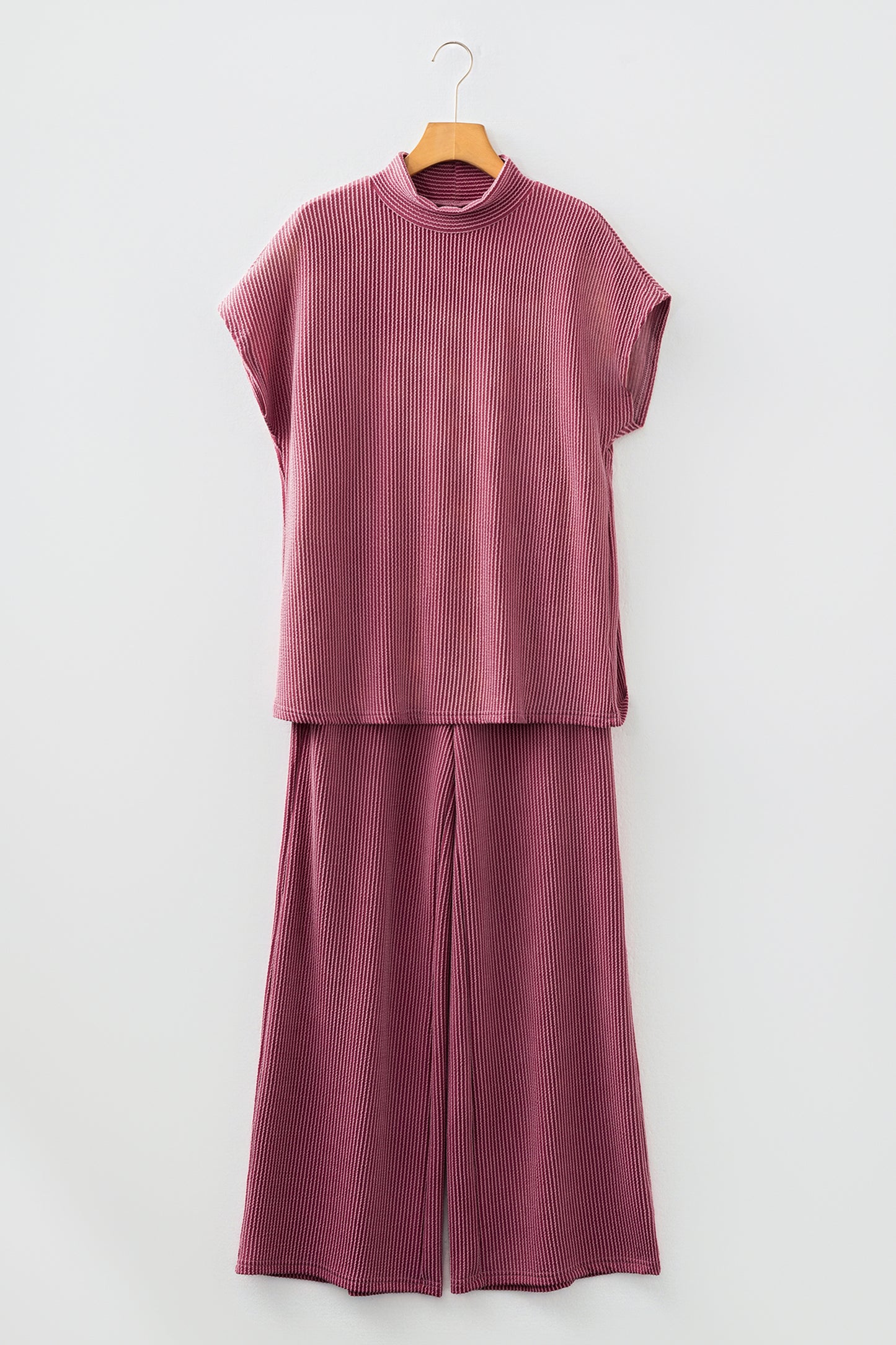 Dark Grey Twisted Ribbed High Neck Loose Tee Elastic High Waist Loose Pant Set