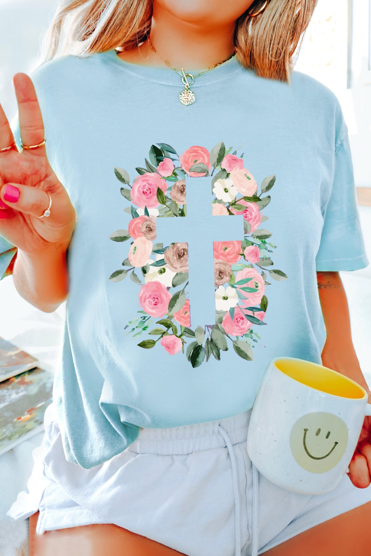 Light Blue Floral Printed Faith Easter Graphic Tee