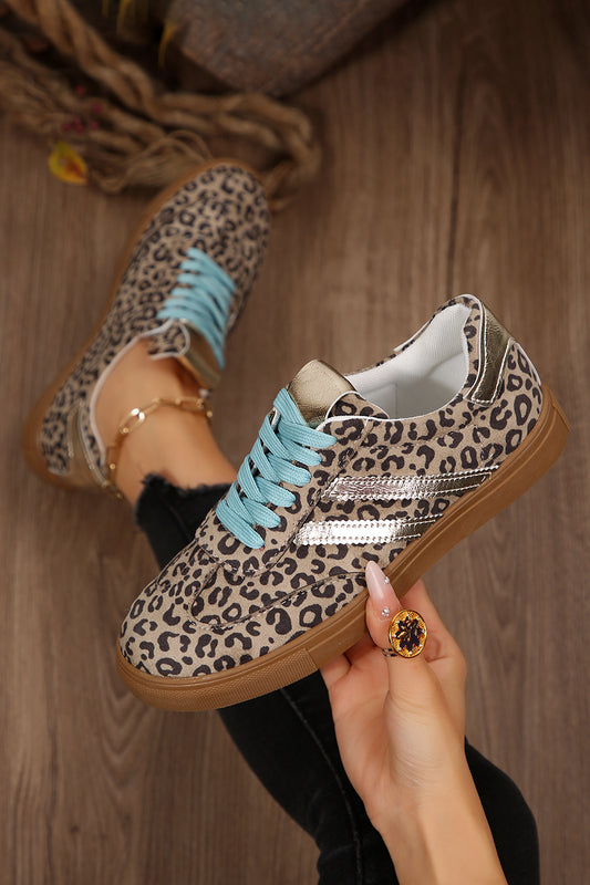 Coffee Faux Suede Leopard Print Sleek PU Leather Detail Lace Up Sneakers