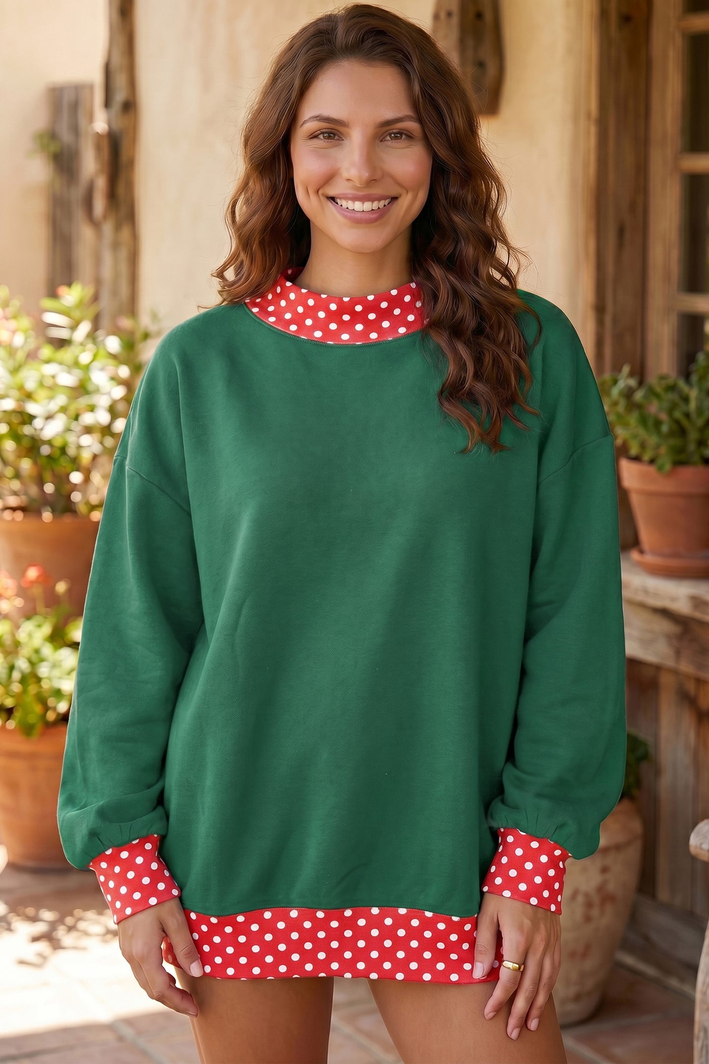 Brown Colorblock Polka Dot Contrast Trim Oversized Sweatshirt
