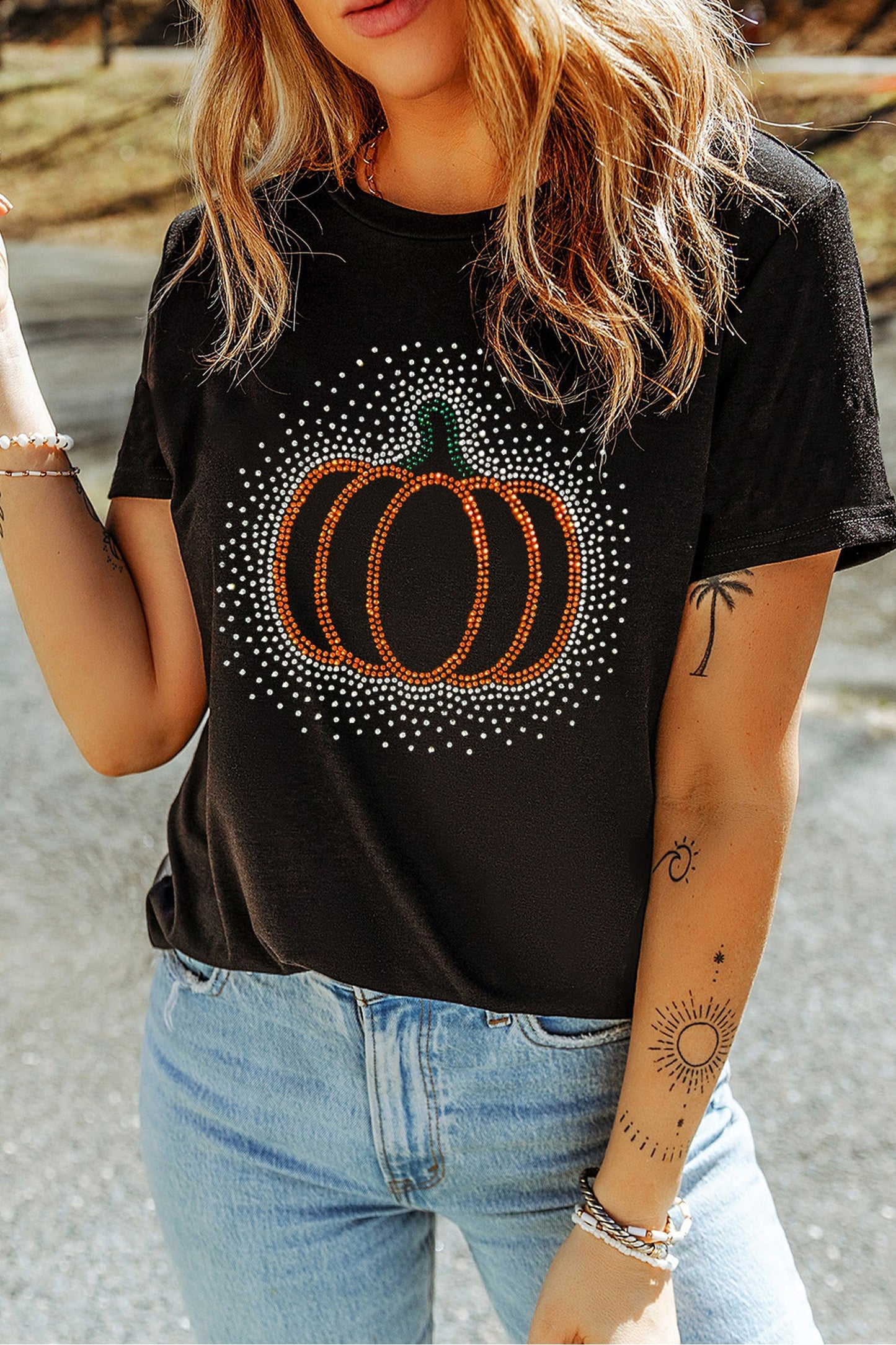 Black Rhinestone Pumpkin Graphic Casual Short Sleeve Tee