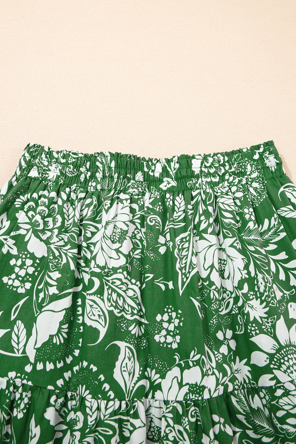 Green Floral Print Shirred Crop Top and High Waist Midi Skirt Set