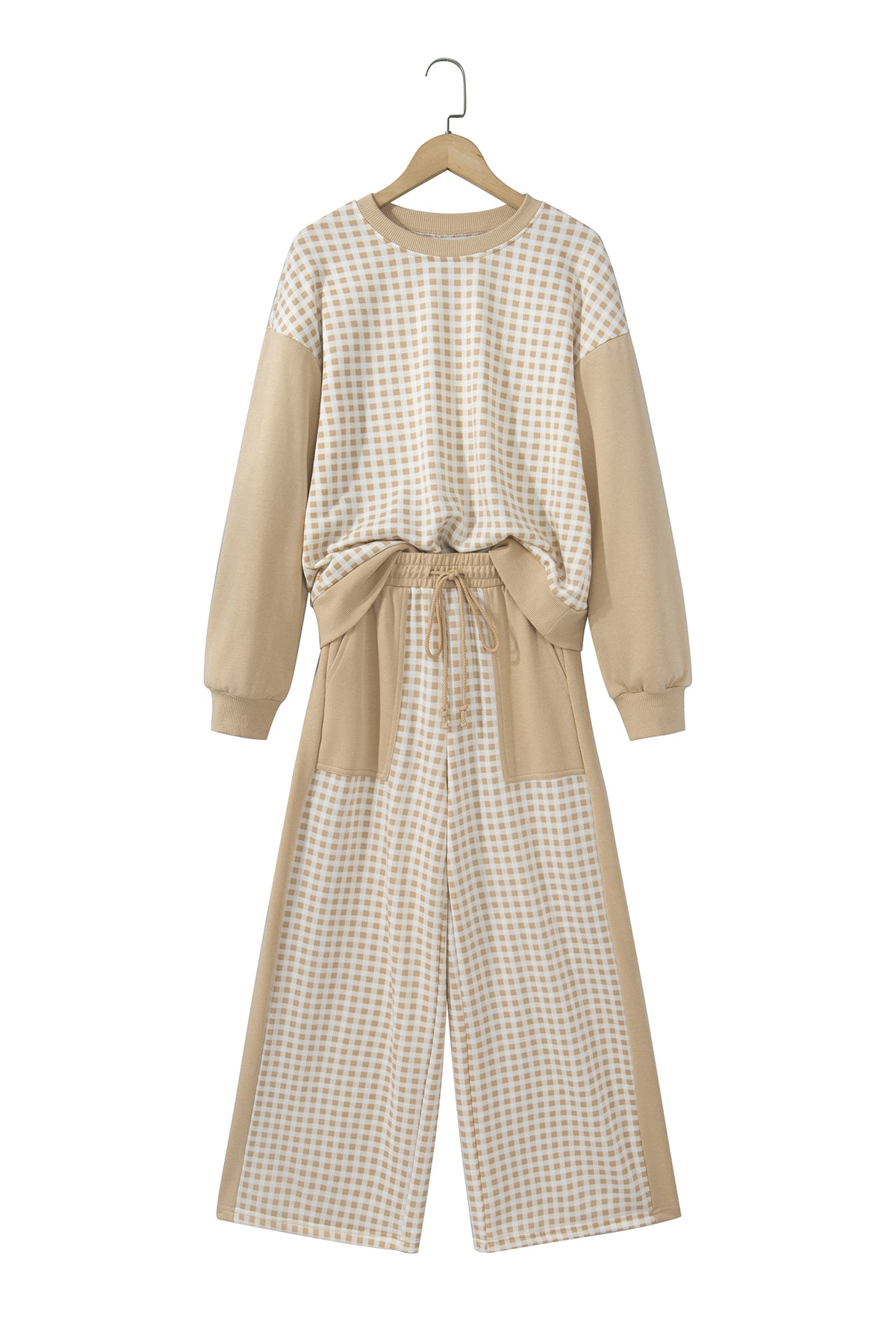 Green Color Block Plaid Patchwork Long Sleeve Pullover Wide Leg Pant Set