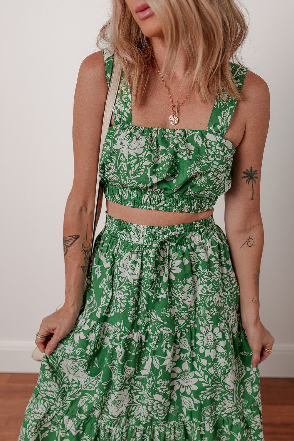 Green Floral Print Shirred Crop Top and High Waist Midi Skirt Set