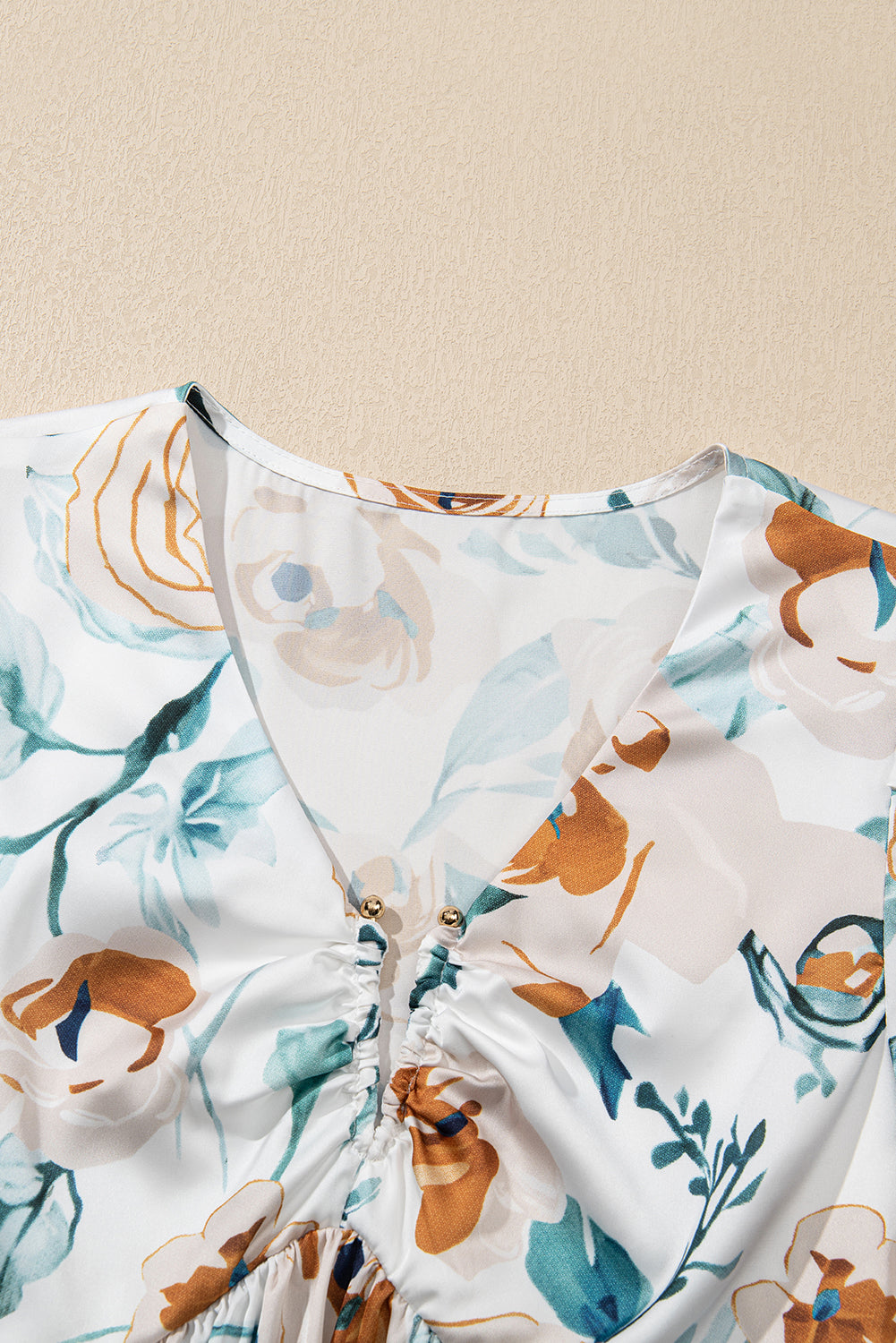 Green Floral Print Puff Sleeve V Neck Babydoll Blouse