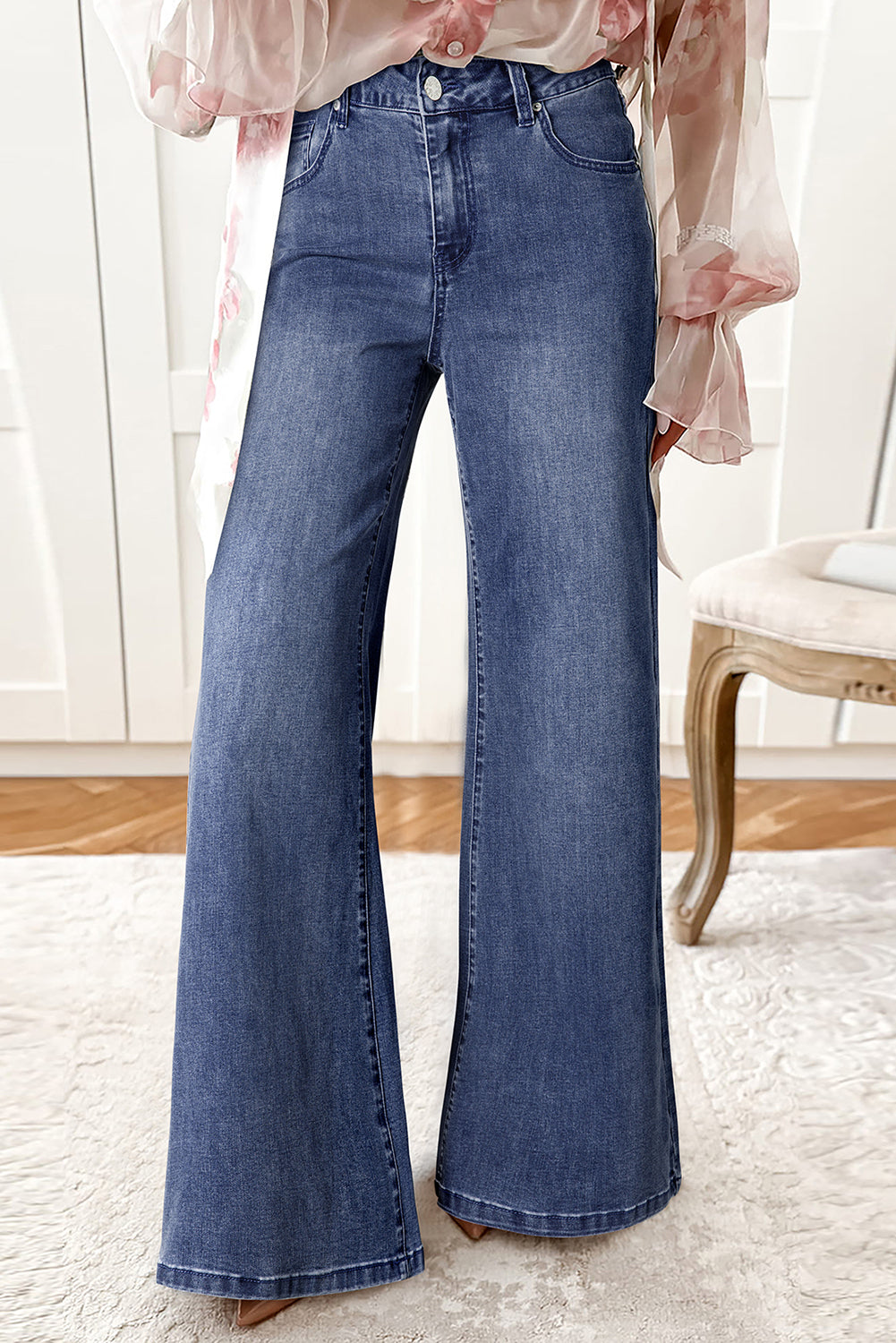 Dirty blue Button Zip High Waist Flared Hem Jeans