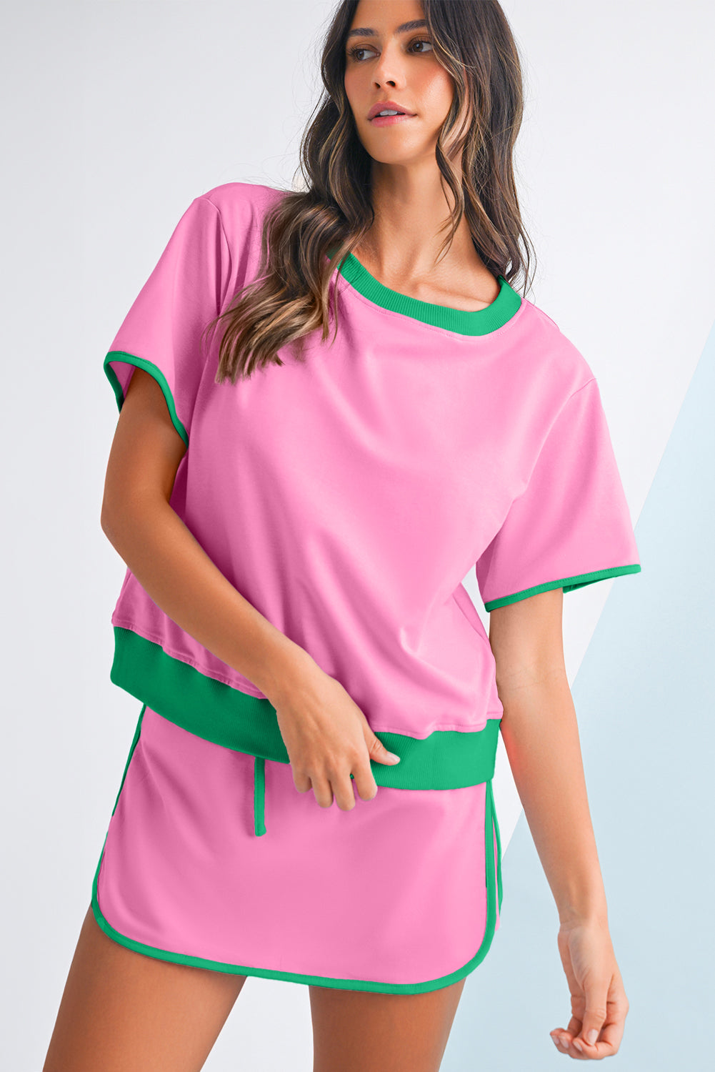 Black Colorblock Edge Drop Shoulder T Shirt and Skort 2Pcs Set