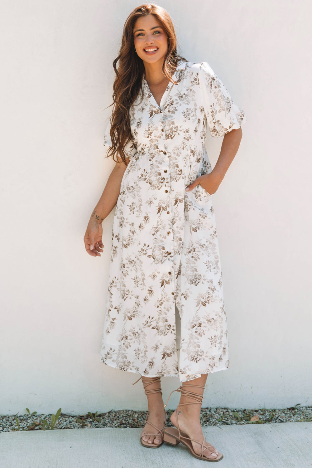 Khaki Floral Puff Sleeve V Neck Buttoned Front Maxi Dress