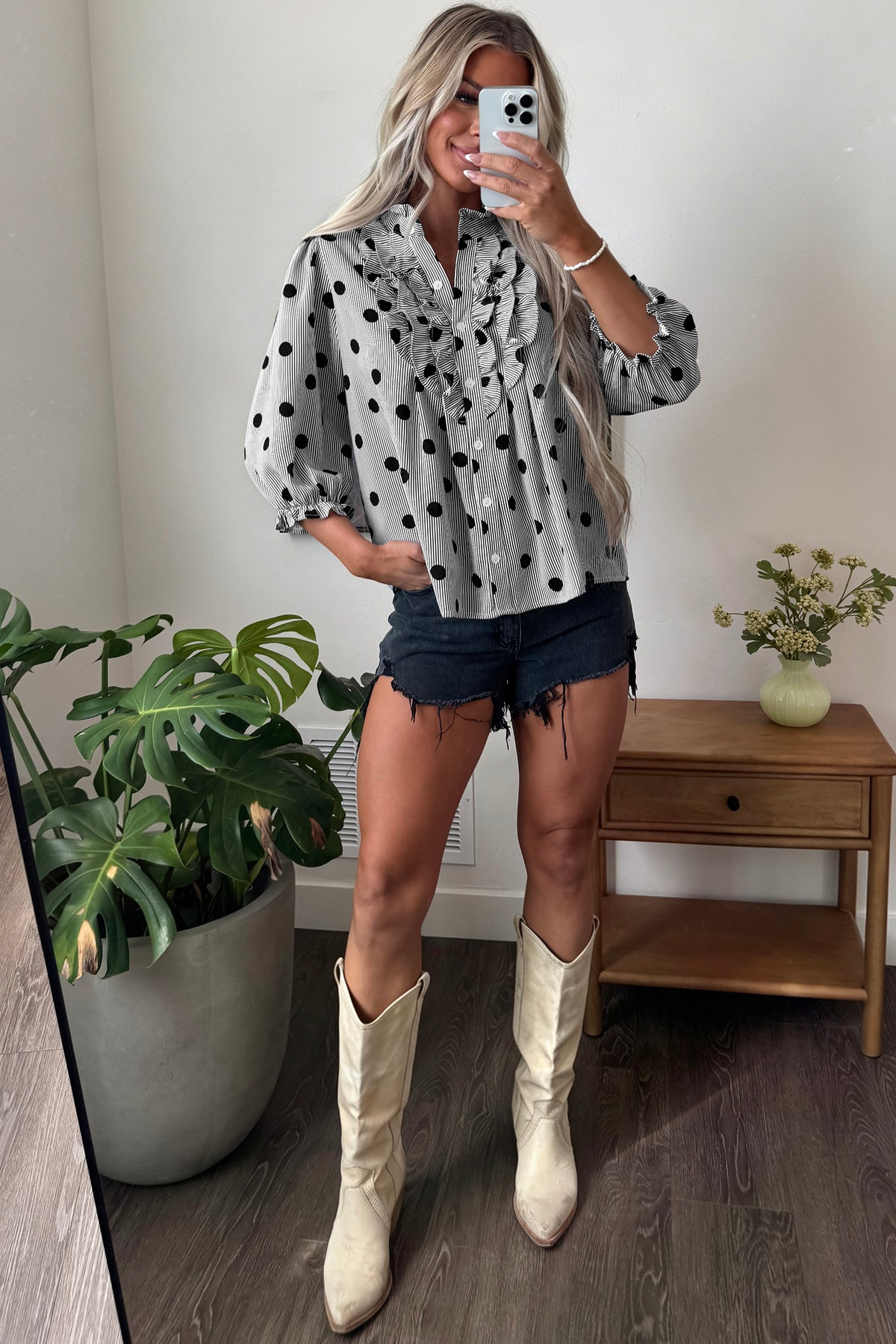 Fiery Red Polka Dot Striped Print Ruffle Stand Neck 3/4 Sleeve Shift Shirt