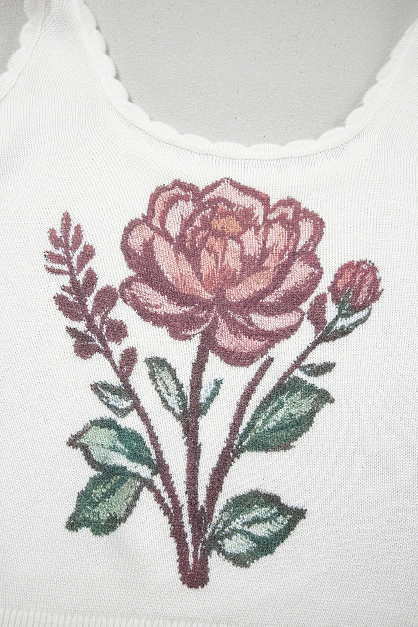 White Retro Floral Print Scalloped Square Neck Knit Sweater Vest