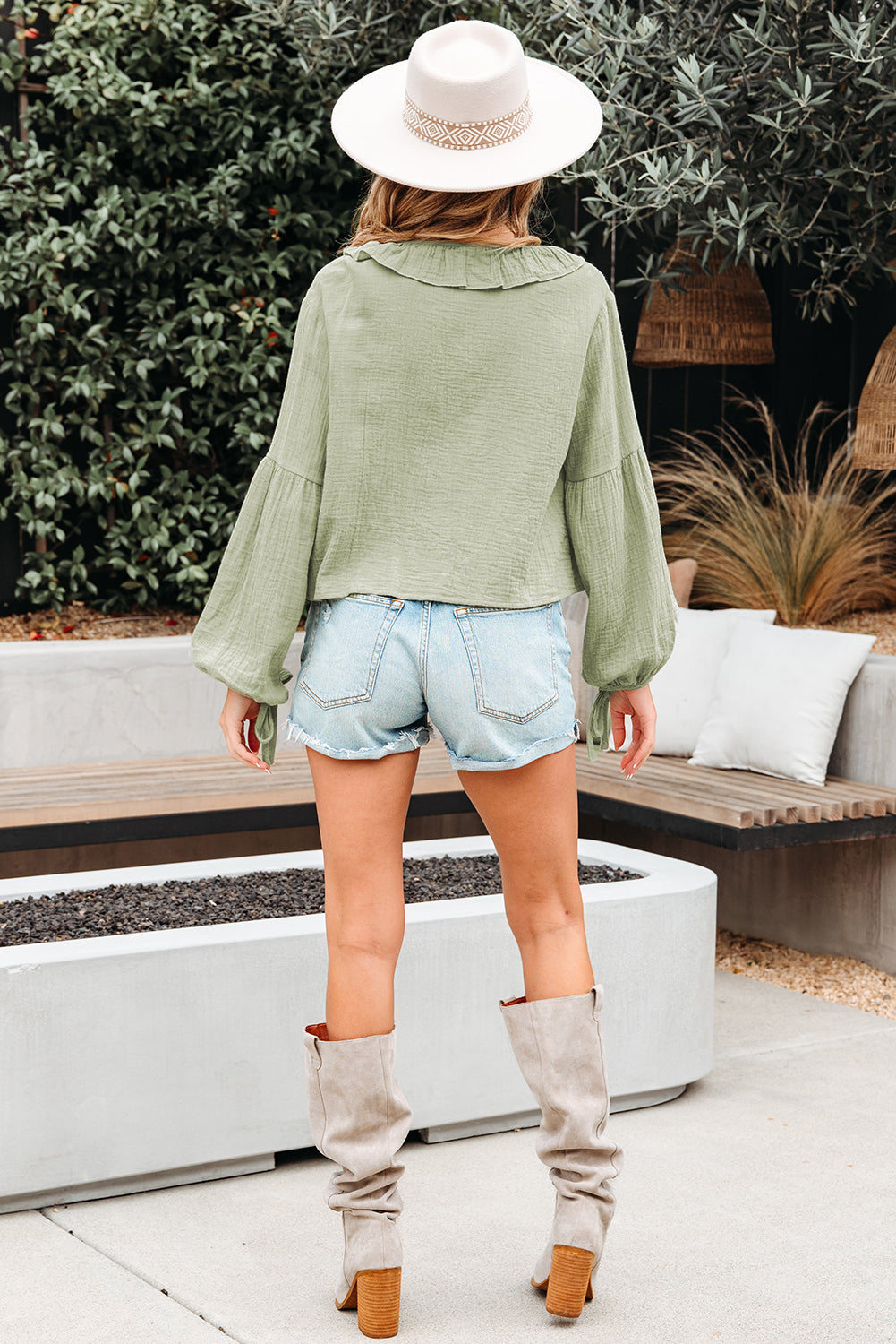 Meadow Mist Green Bow Tie Front Ruffle Trim V Neck Long Sleeve Gauze Blouse