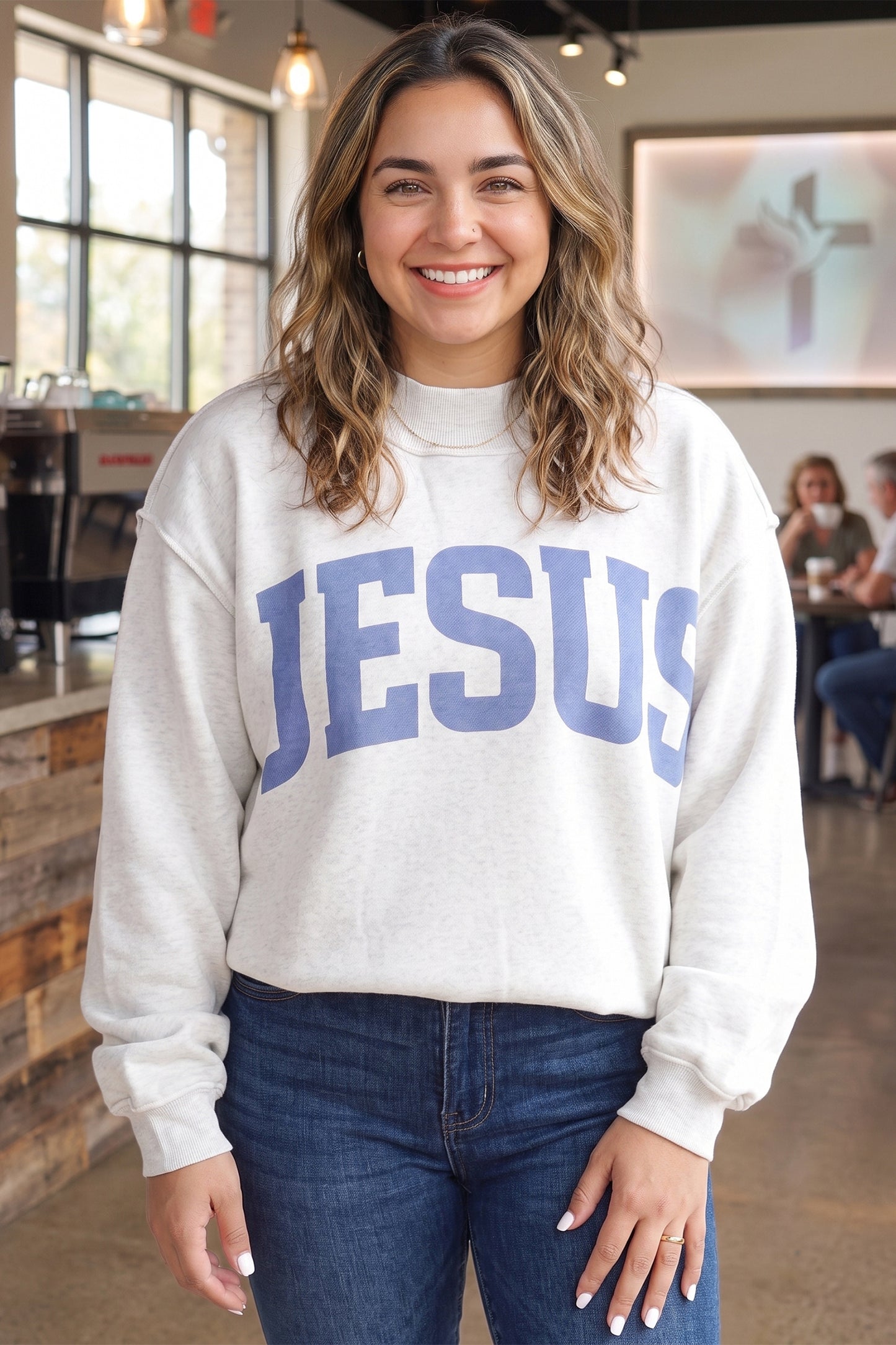 Yellow Jesus Slogan Stand Neck Long Sleeve Oversized Tunic Plus Size Sweatshirt