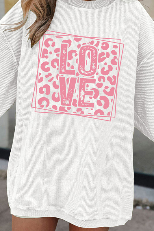 White Corded Ribbed LOVE Leopard Printed Design Drop Shoulder Sweatshirt
