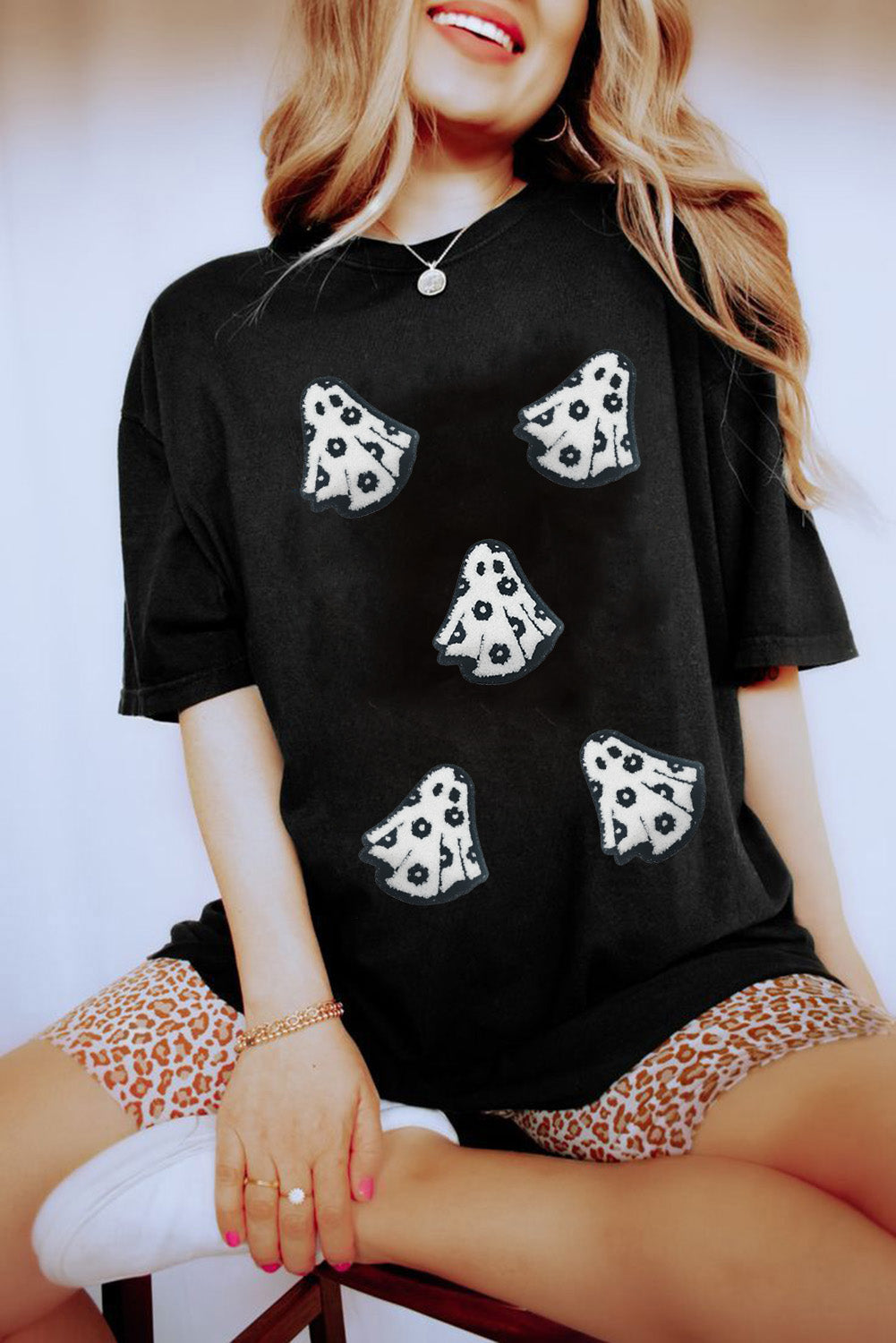 White Halloween Playful Ghost Patched Cotton Blend T Shirt
