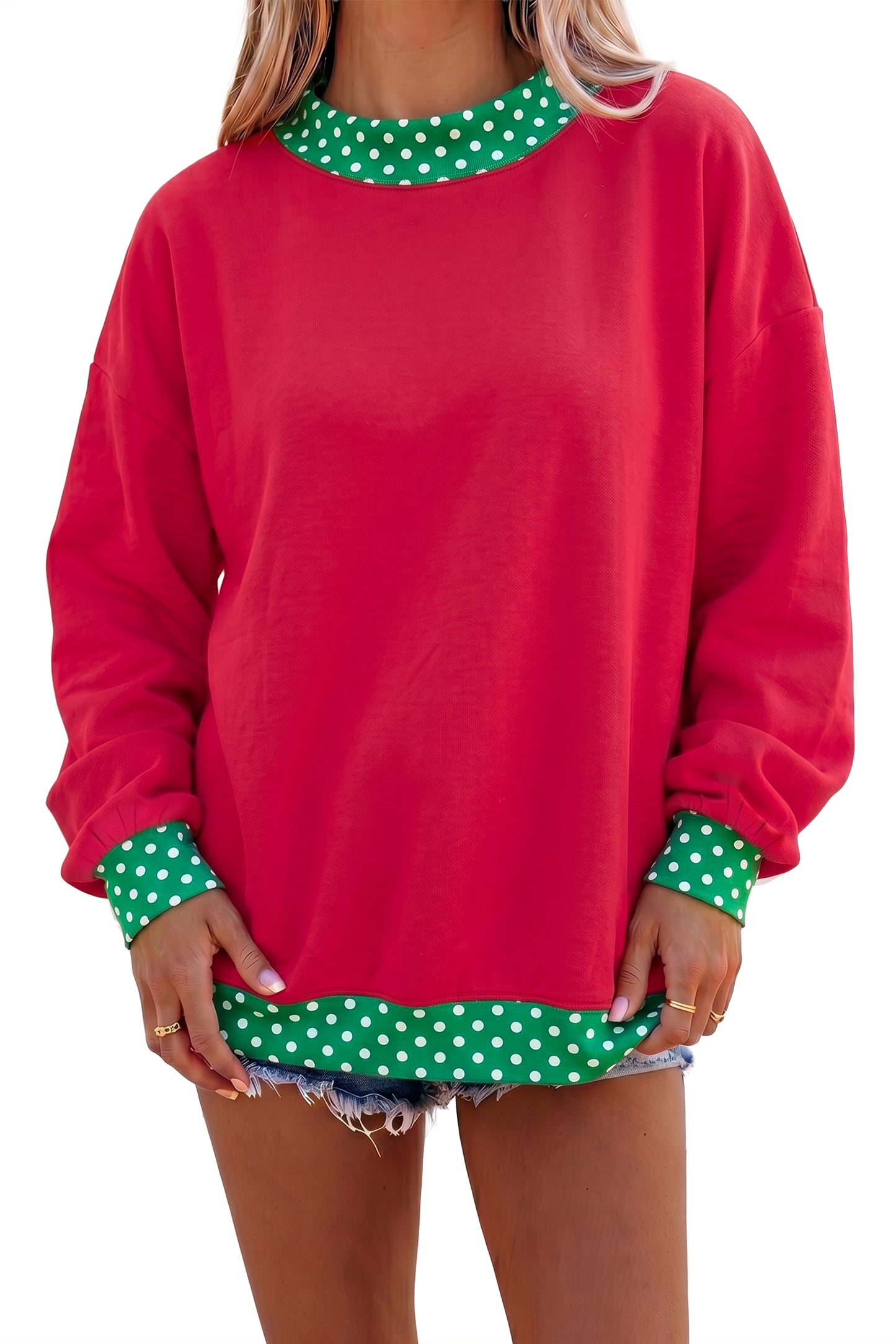 Brown Colorblock Polka Dot Contrast Trim Oversized Sweatshirt